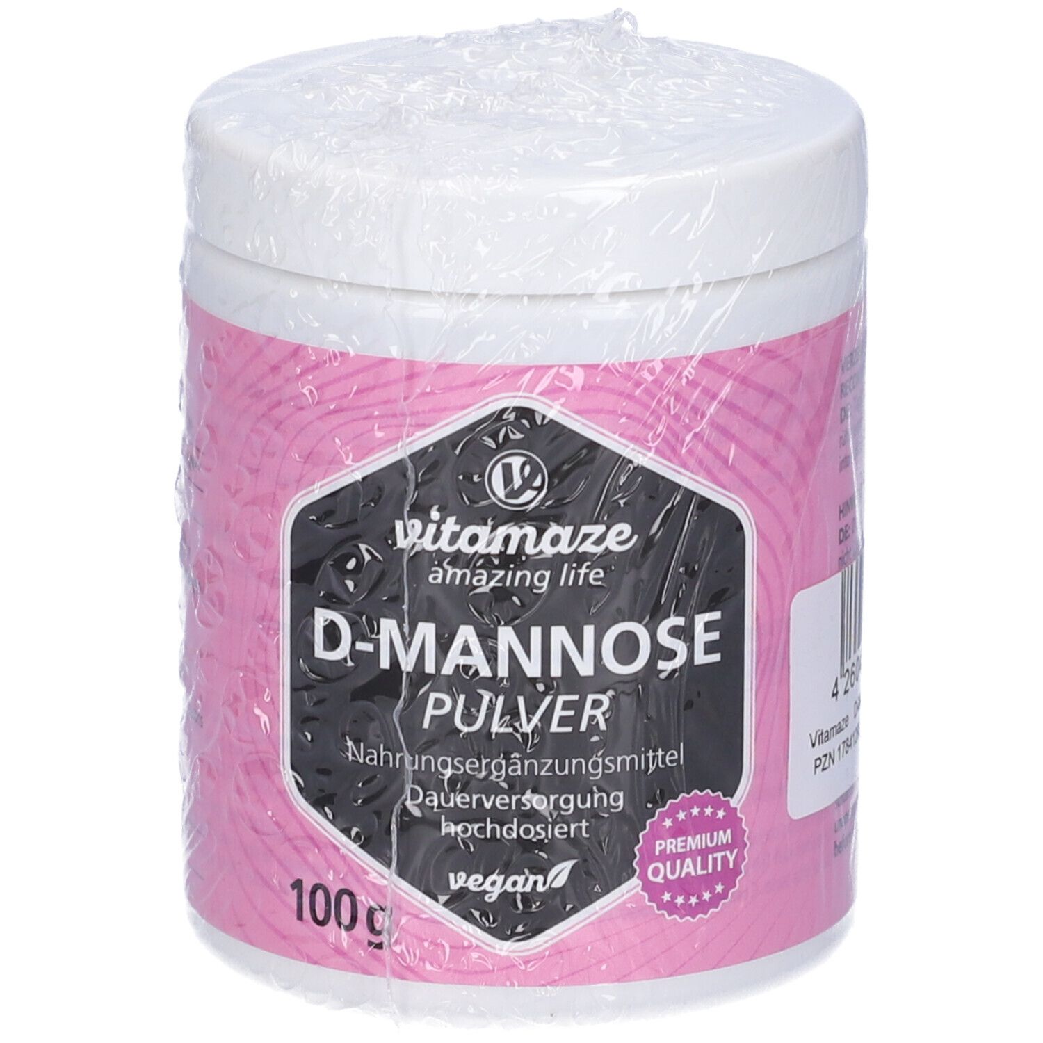 Barattolo bianco con etichetta rosa. Stampa nera: D-Mannose Pulver, vegan. 100g. Confezionato in pellicola.