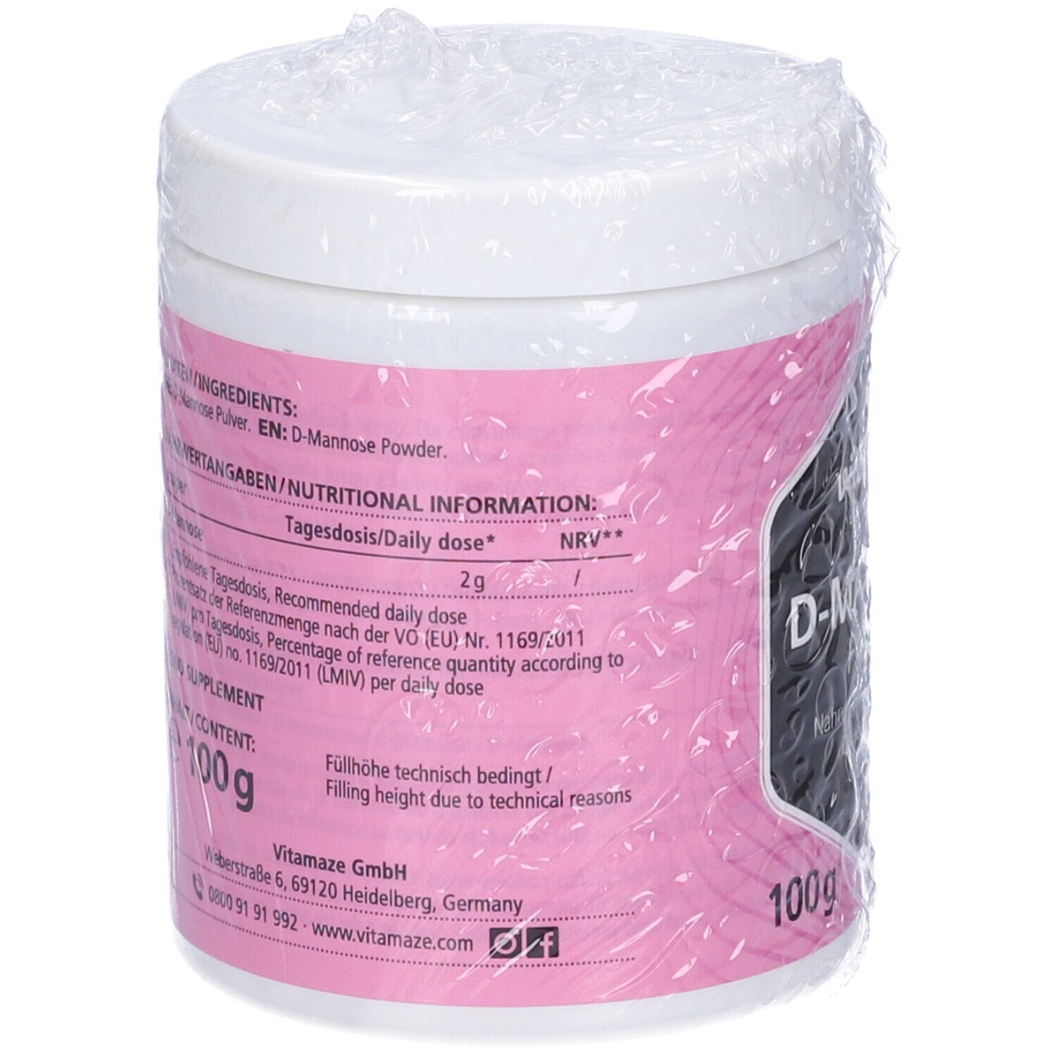 Retro del prodotto. Etichetta rosa con informazioni. Contenuto: 100g. Indirizzo del produttore. Confezionato.