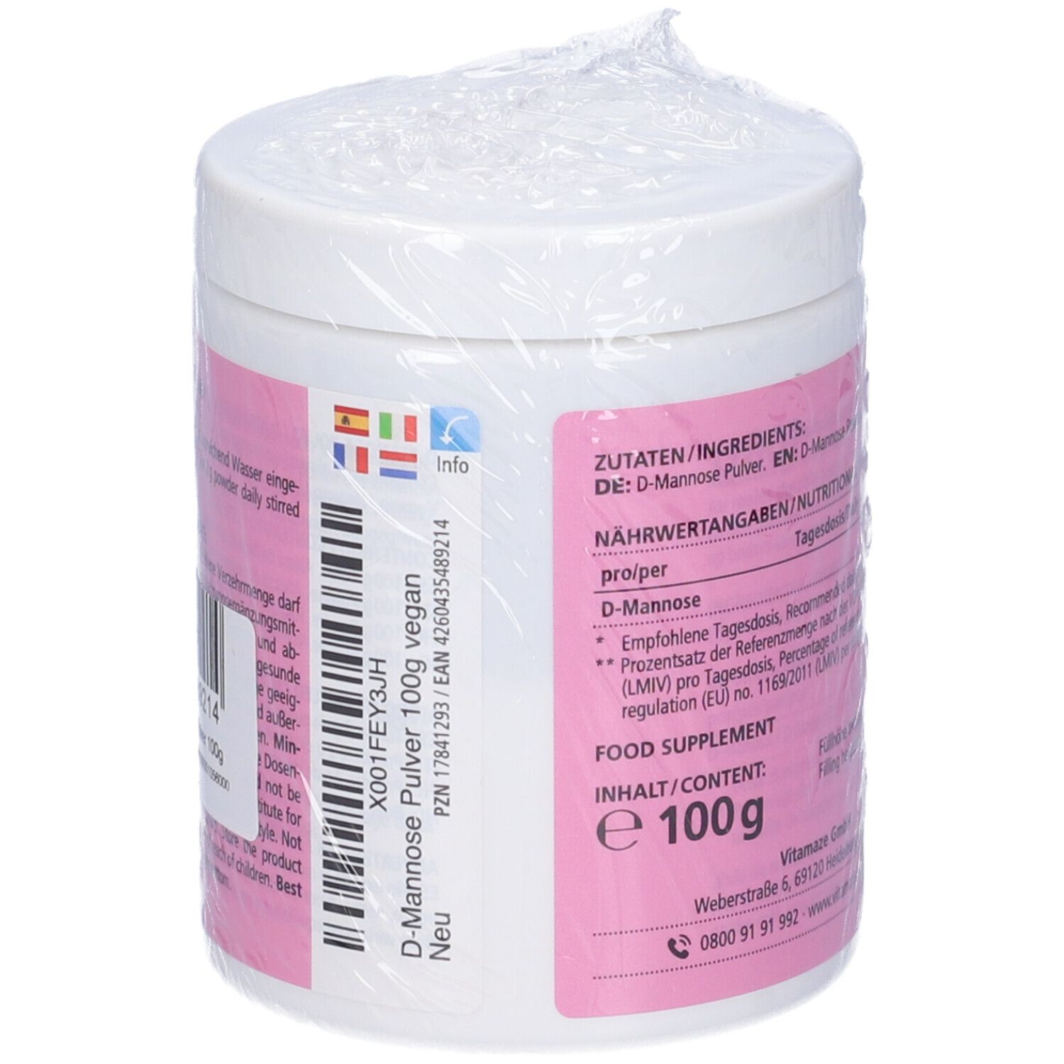 Retro del prodotto. Etichetta rosa con informazioni. Contenuto: 100g. Codice a barre. Confezionato.