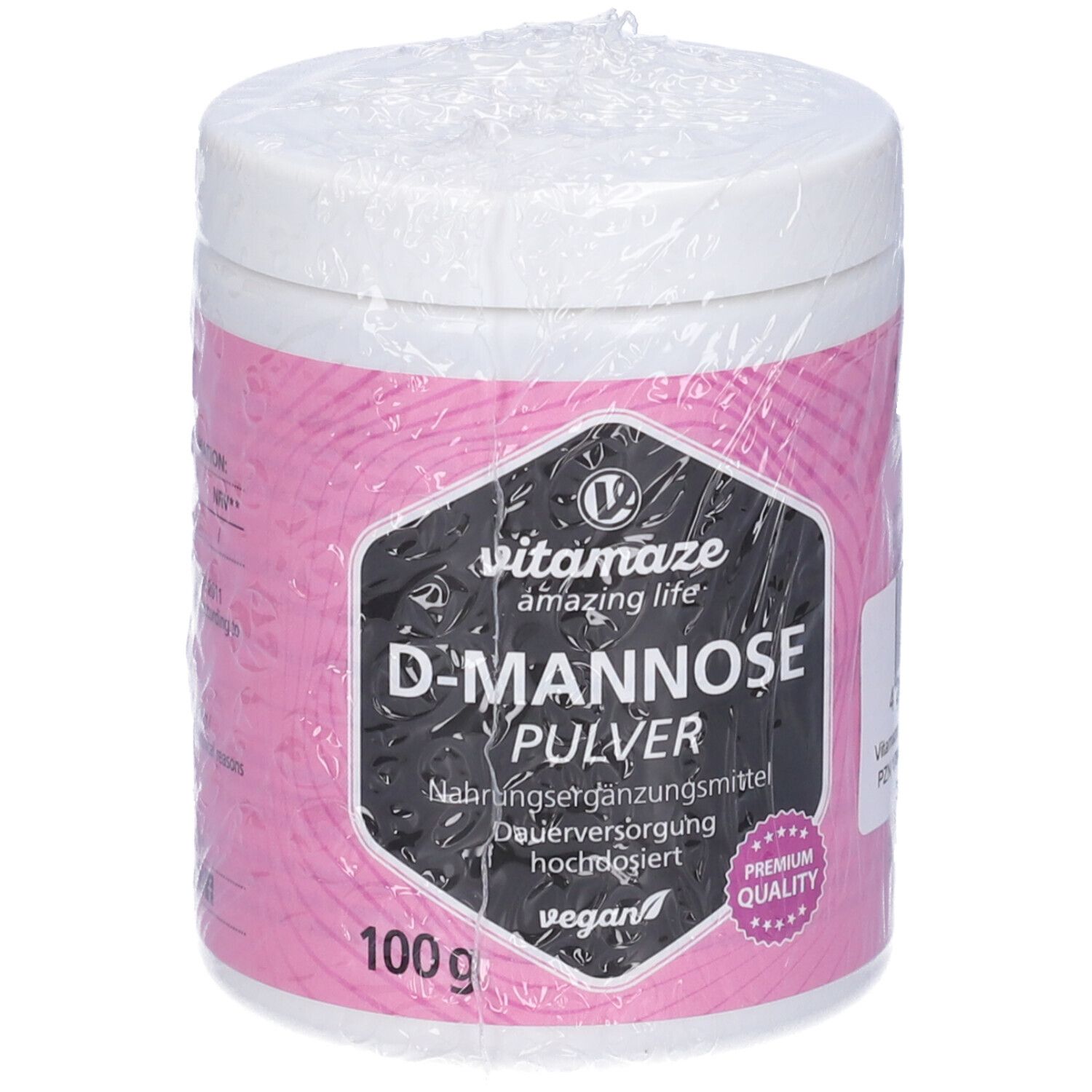 Barattolo bianco con etichetta rosa. Stampa nera: D-Mannose Pulver, vegan. 100g. Confezionato in pellicola.