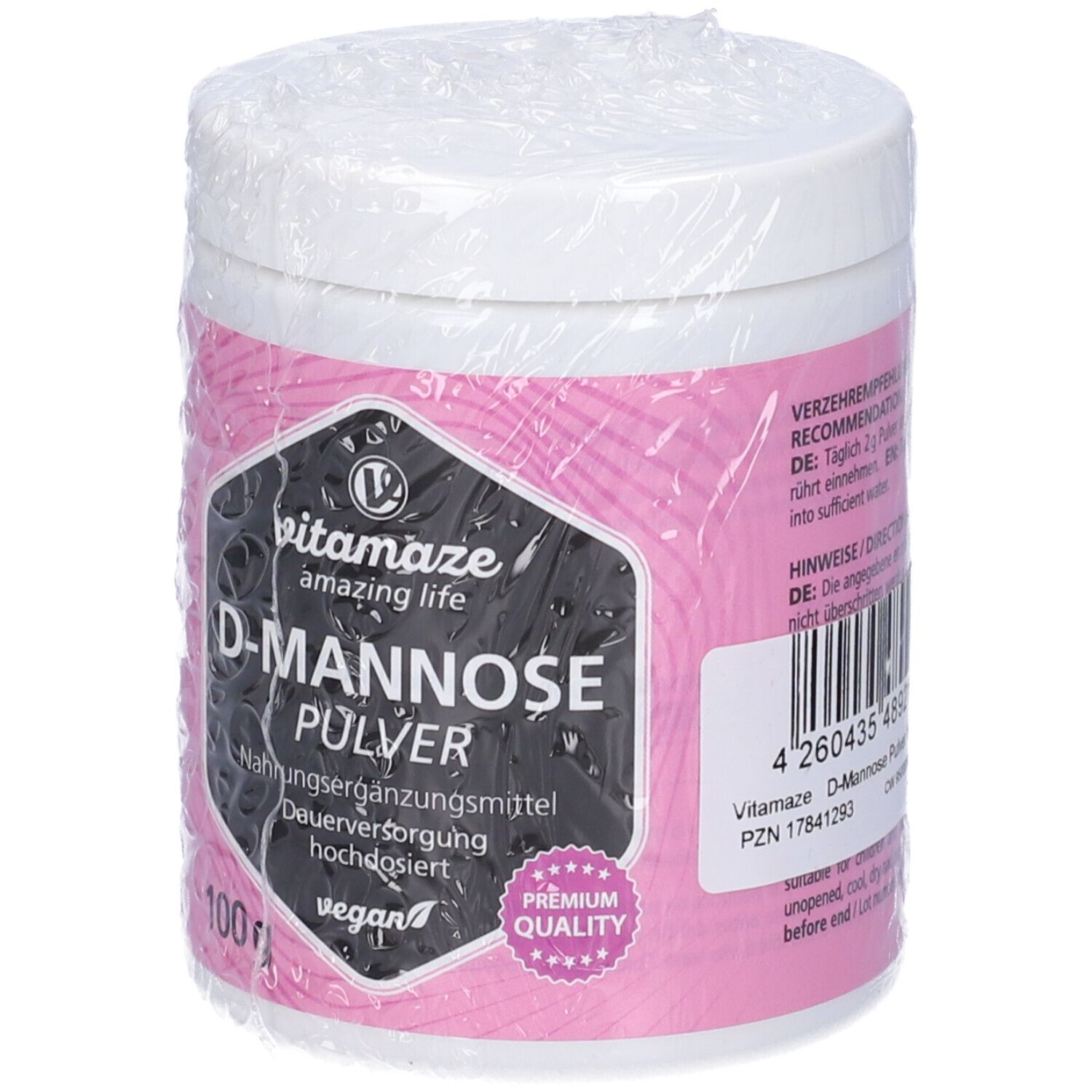 Barattolo bianco con etichetta rosa. Stampa nera: D-Mannose Pulver, vegan. 100g. Confezionato in pellicola.
