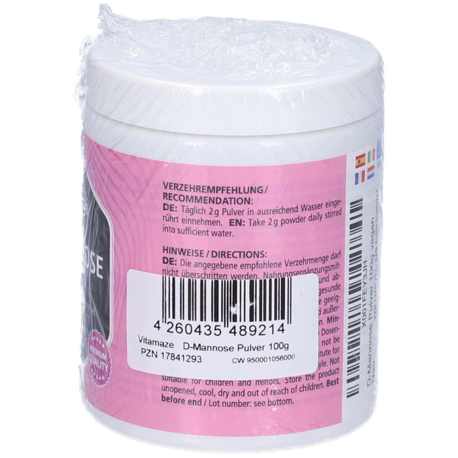 Retro del prodotto. Etichetta rosa con informazioni. Codice a barre. Contenuto: 100g. Confezionato.