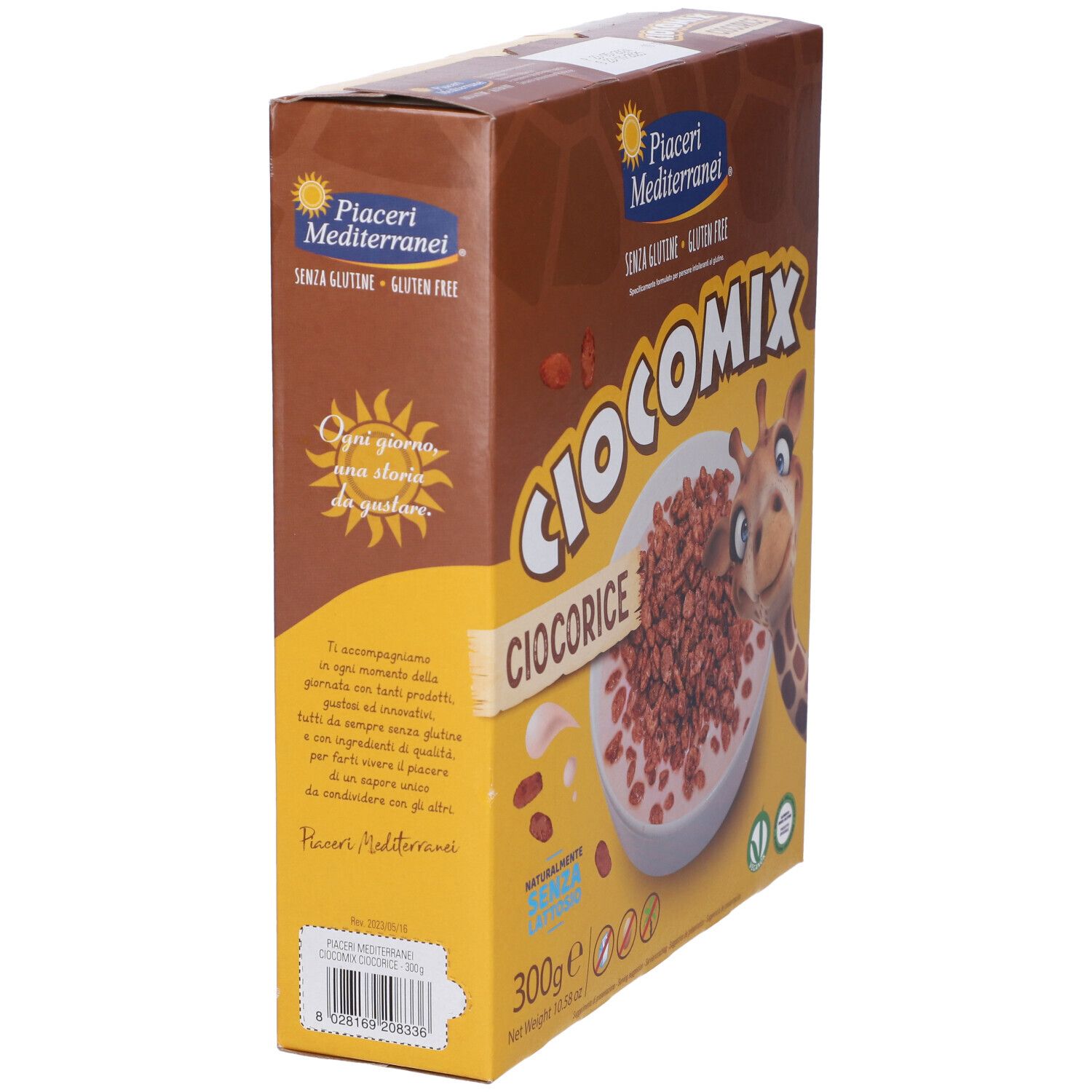 Seitenansicht der Schoko-Reis-Crispies Packung, 300g.