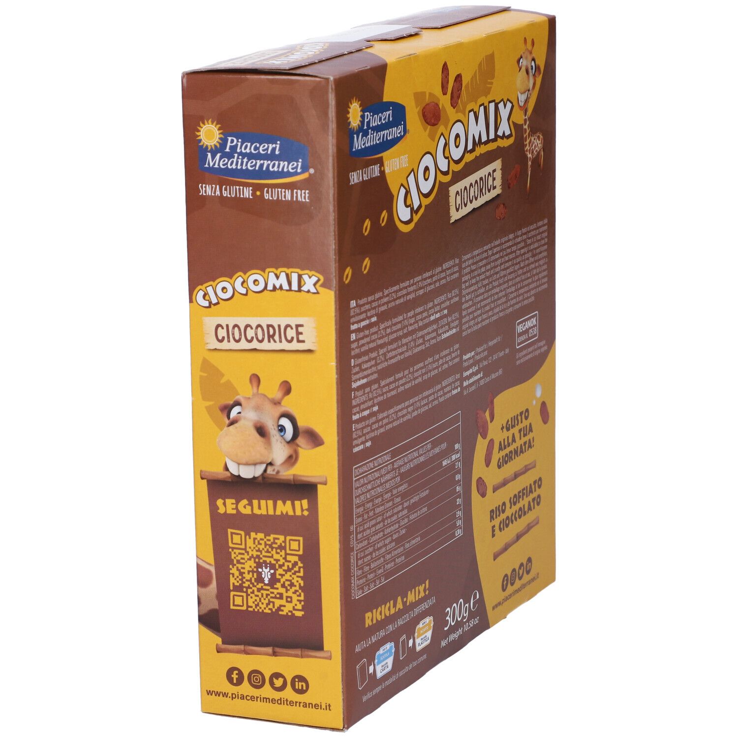 Seitenansicht der Schoko-Reis-Crispies Packung mit QR-Code, 300g.