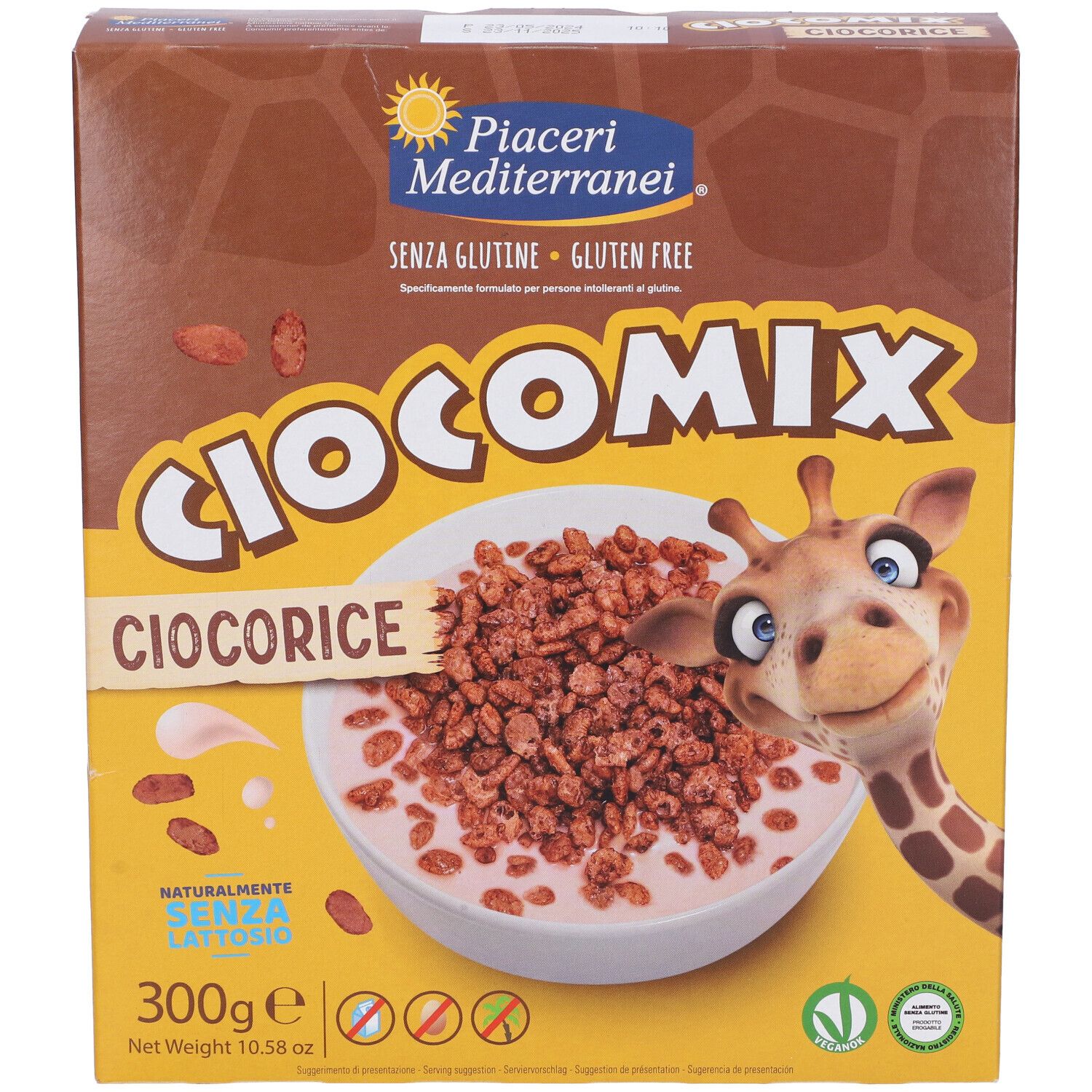 Schoko-Reis-Crispies Packung mit Giraffen-Motiv, 300g.
