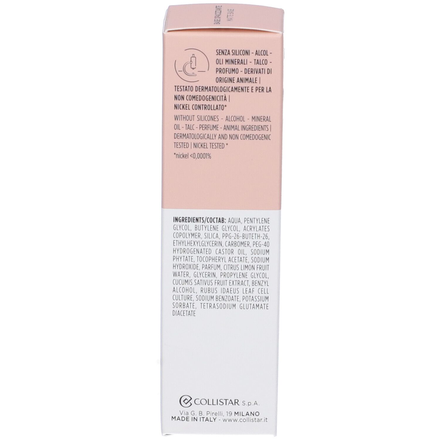 Verpackung mit Inhaltsstoffen und Hinweisen: Ohne Silikone, Alkohol, Mineralöl, Talkum, Duftstoffe, tierische Derivate. Dermatologisch getestet.