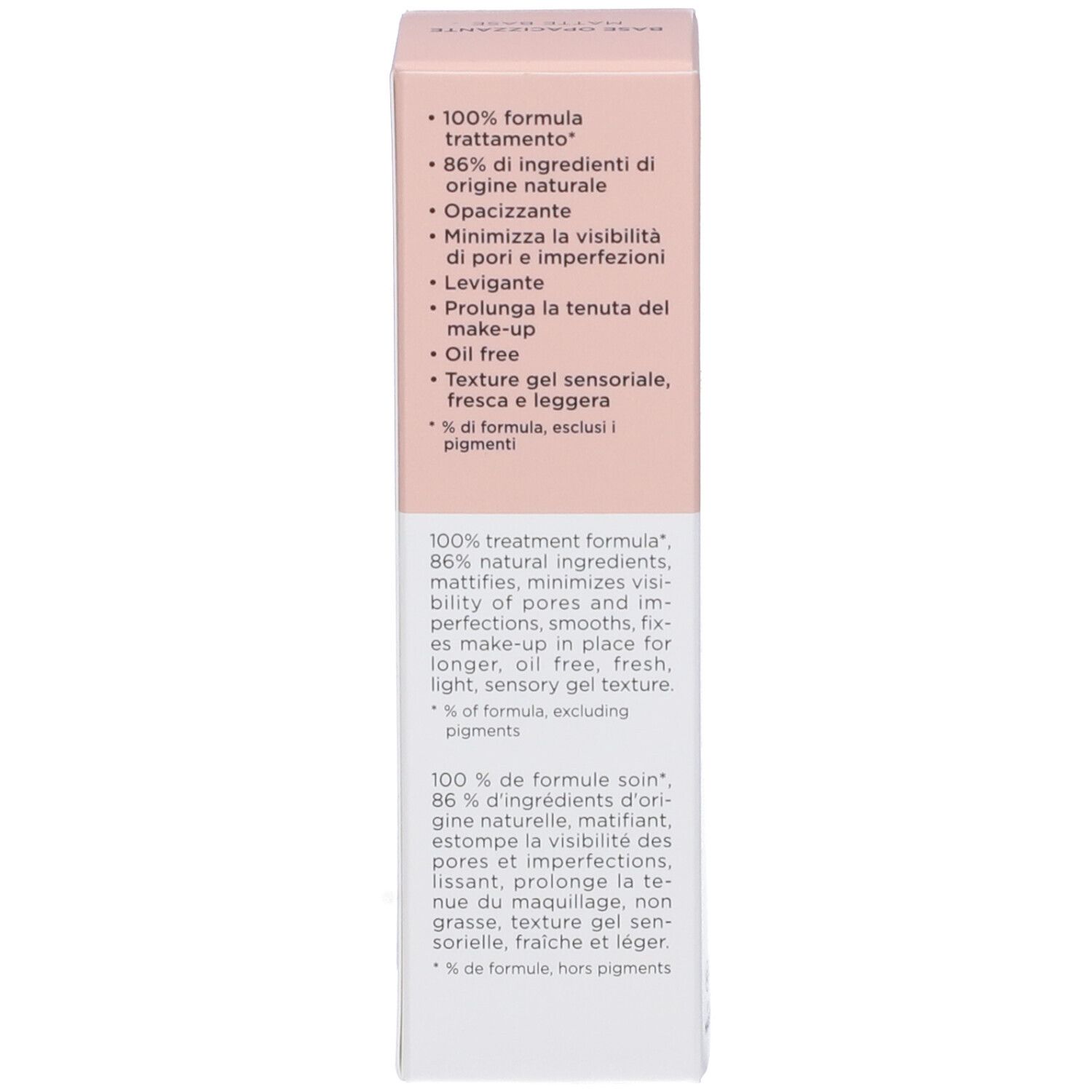 Verpackung mit Produktinformationen auf Italienisch, Englisch und Französisch.