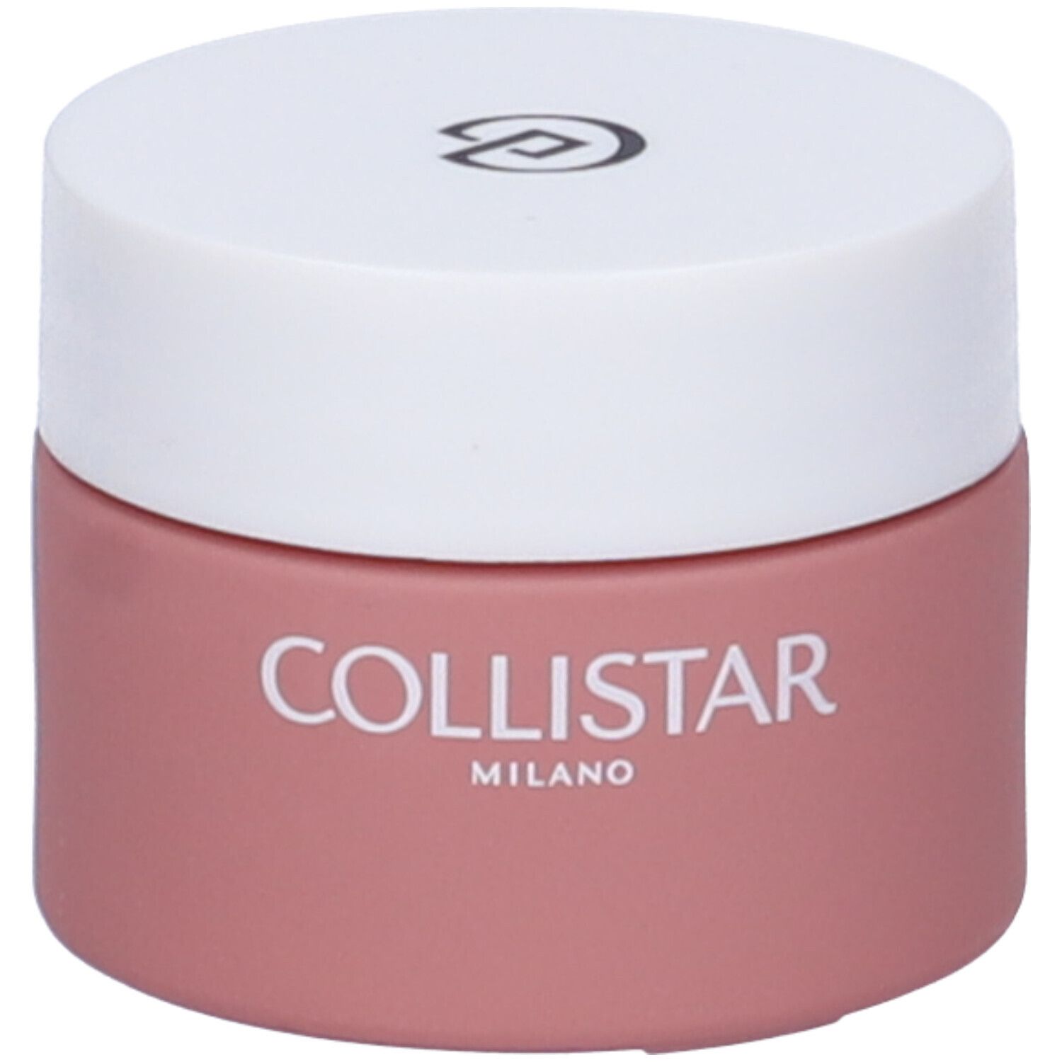 Vasetto rotondo con coperchio bianco. Sul contenitore rosa è scritto COLLISTAR MILANO.