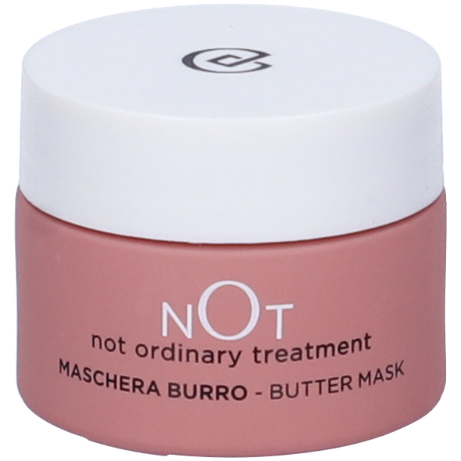 Vasetto rotondo con coperchio bianco. NOT, not ordinary treatment, Maschera Burro - Butter Mask è scritto.