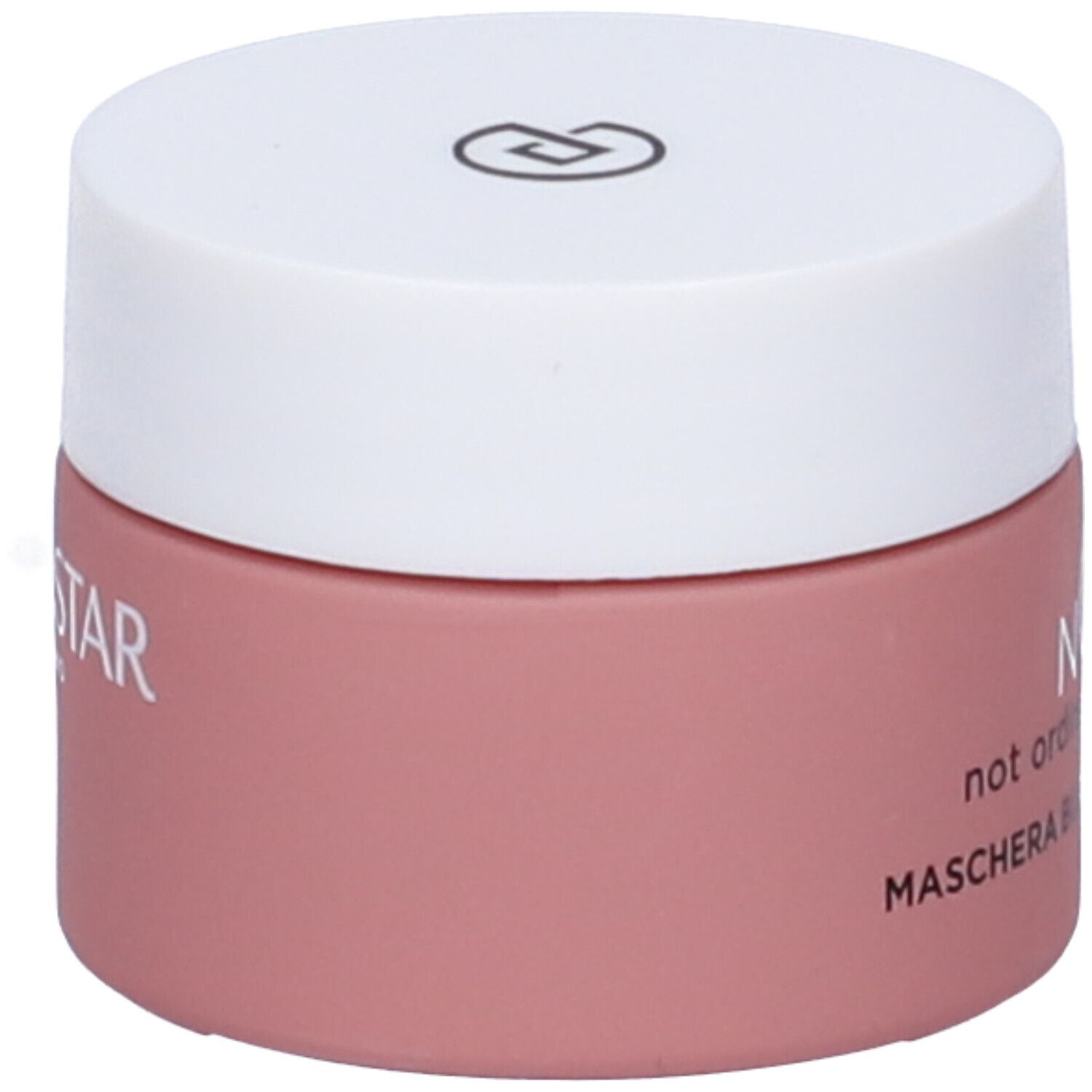 Vasetto rotondo con coperchio bianco. Maschera Burro è scritto sul contenitore rosa.