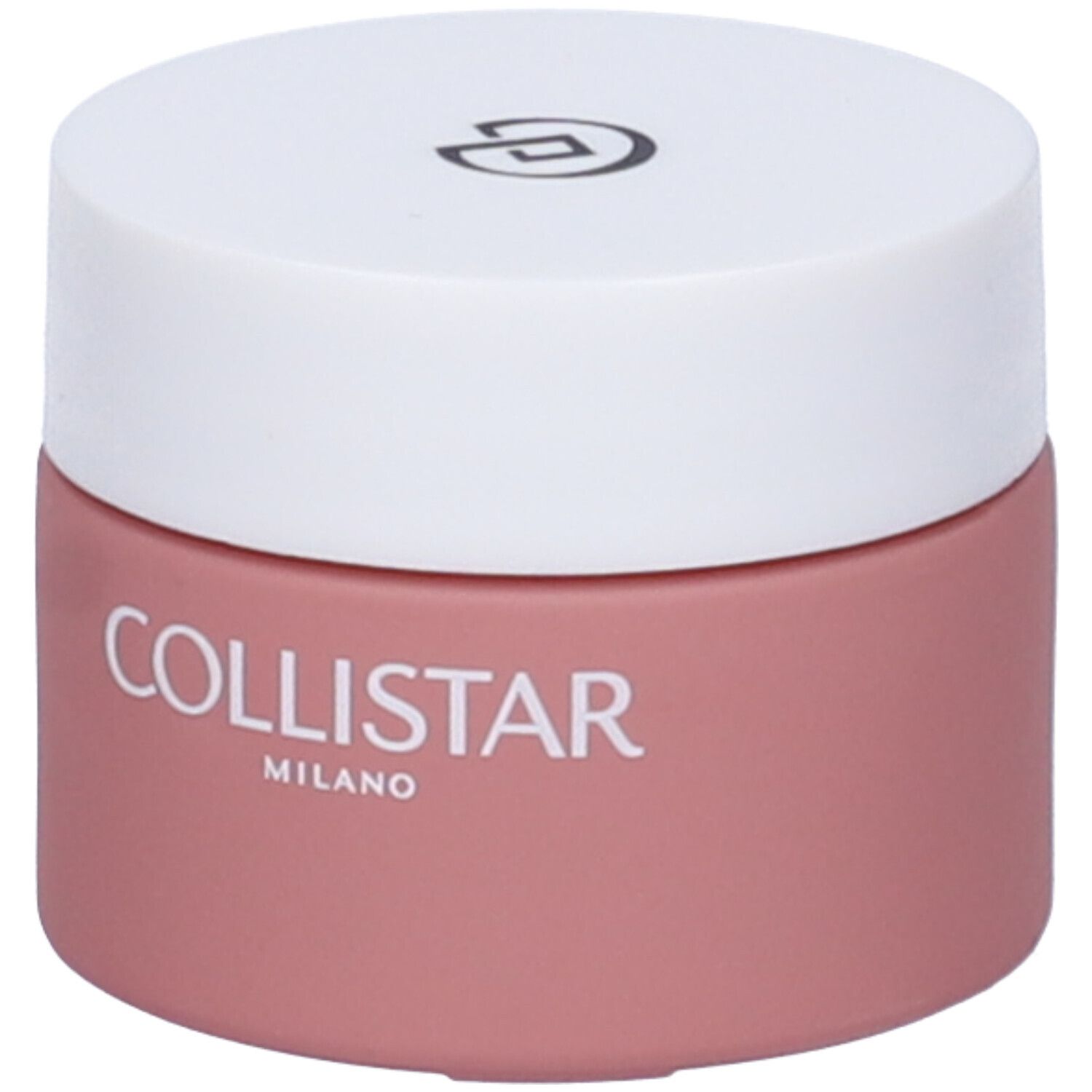 Vasetto rotondo con coperchio bianco. Sul contenitore rosa è scritto COLLISTAR MILANO.