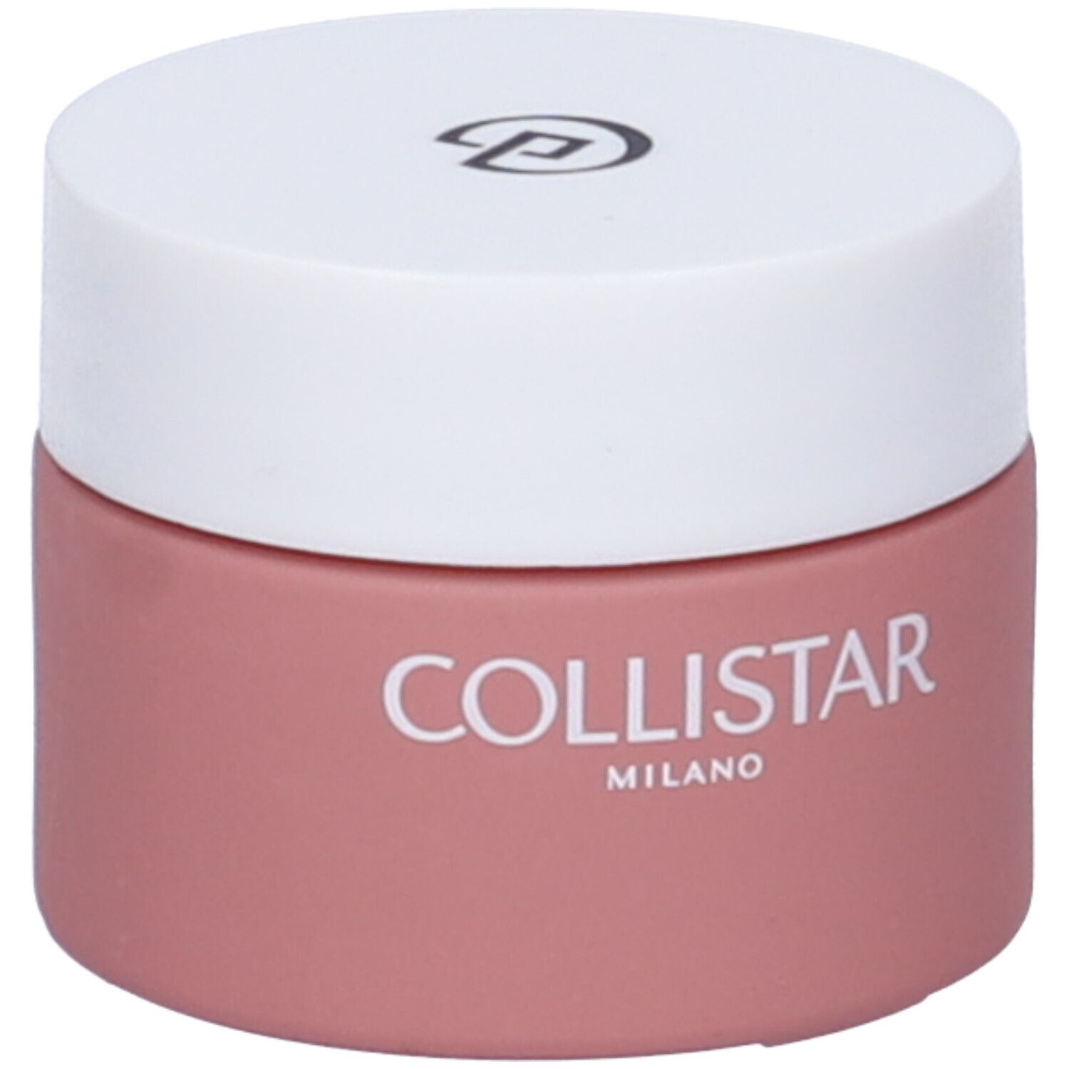 Vasetto rotondo con coperchio bianco. Sul contenitore rosa è scritto COLLISTAR MILANO.