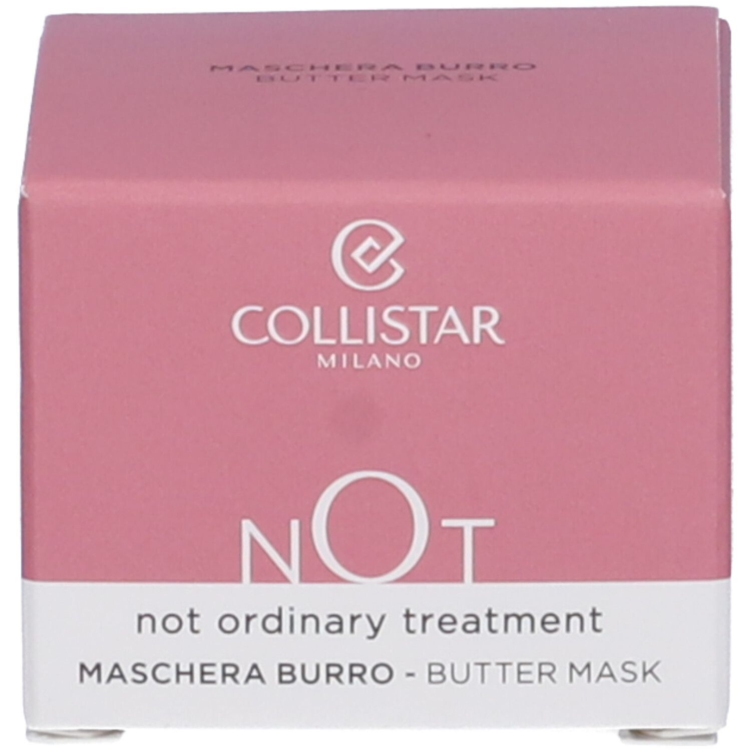 Scatola rosa. Sulla scatola c'è NOT, Maschera Burro - Butter Mask.