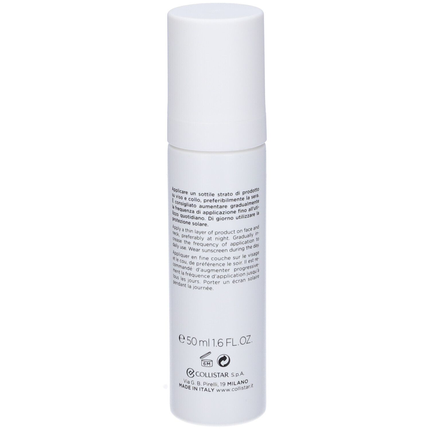 Weißer Tiegel mit Text. Text: e 50 ml 1.6 FL.OZ. Collistar S.p.A. Made in Italy.