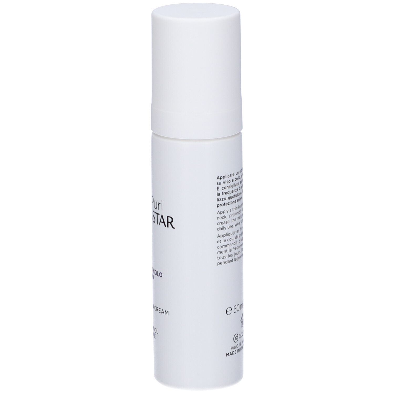 Weißer Tiegel mit Text. Text: Attivi Puri Collistar, Creme Retinolo + Florentina, e 50 ml.