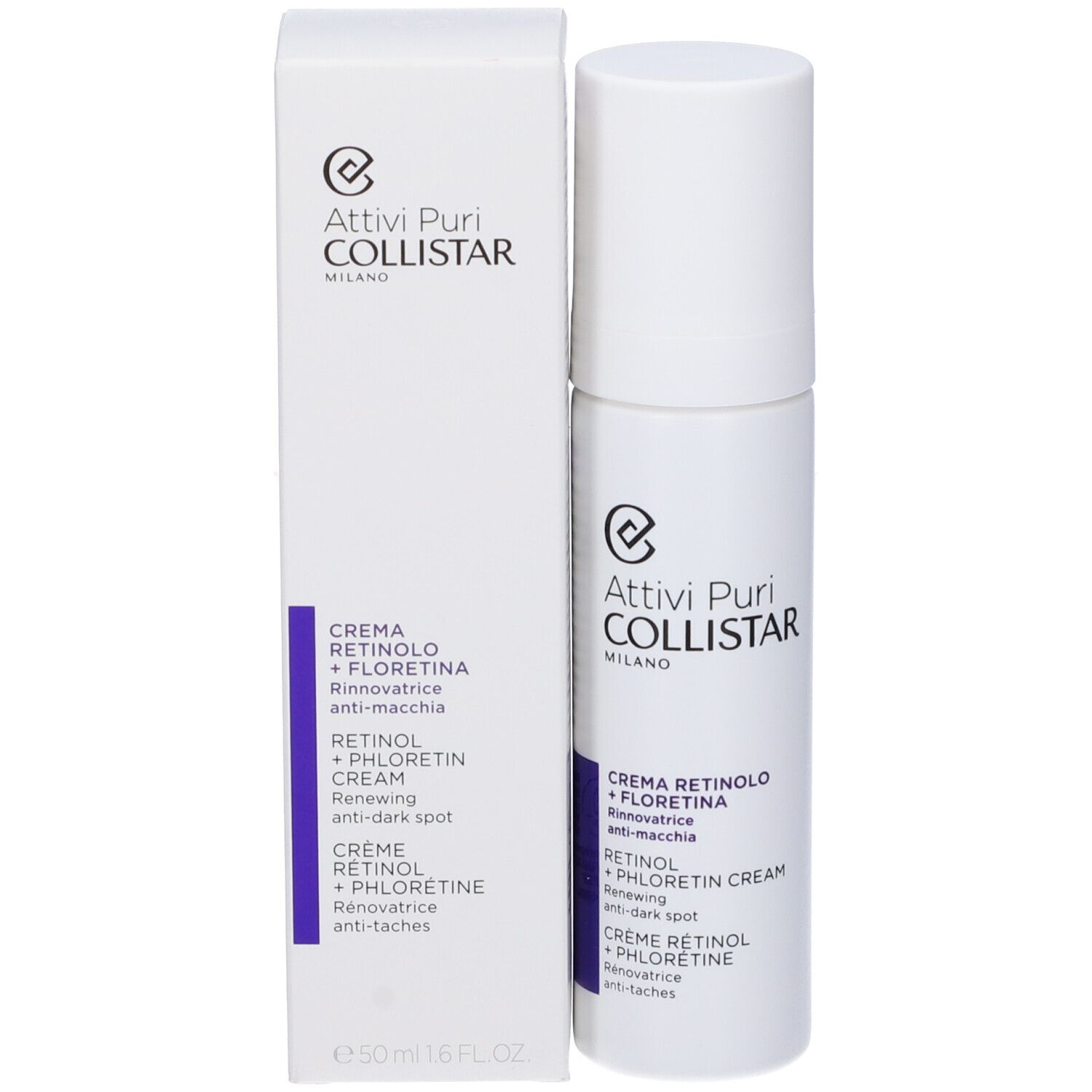 Produkt und Verpackung. Weißer Tiegel und Schachtel. Text: Attivi Puri Collistar, Creme Retinolo + Florentina.