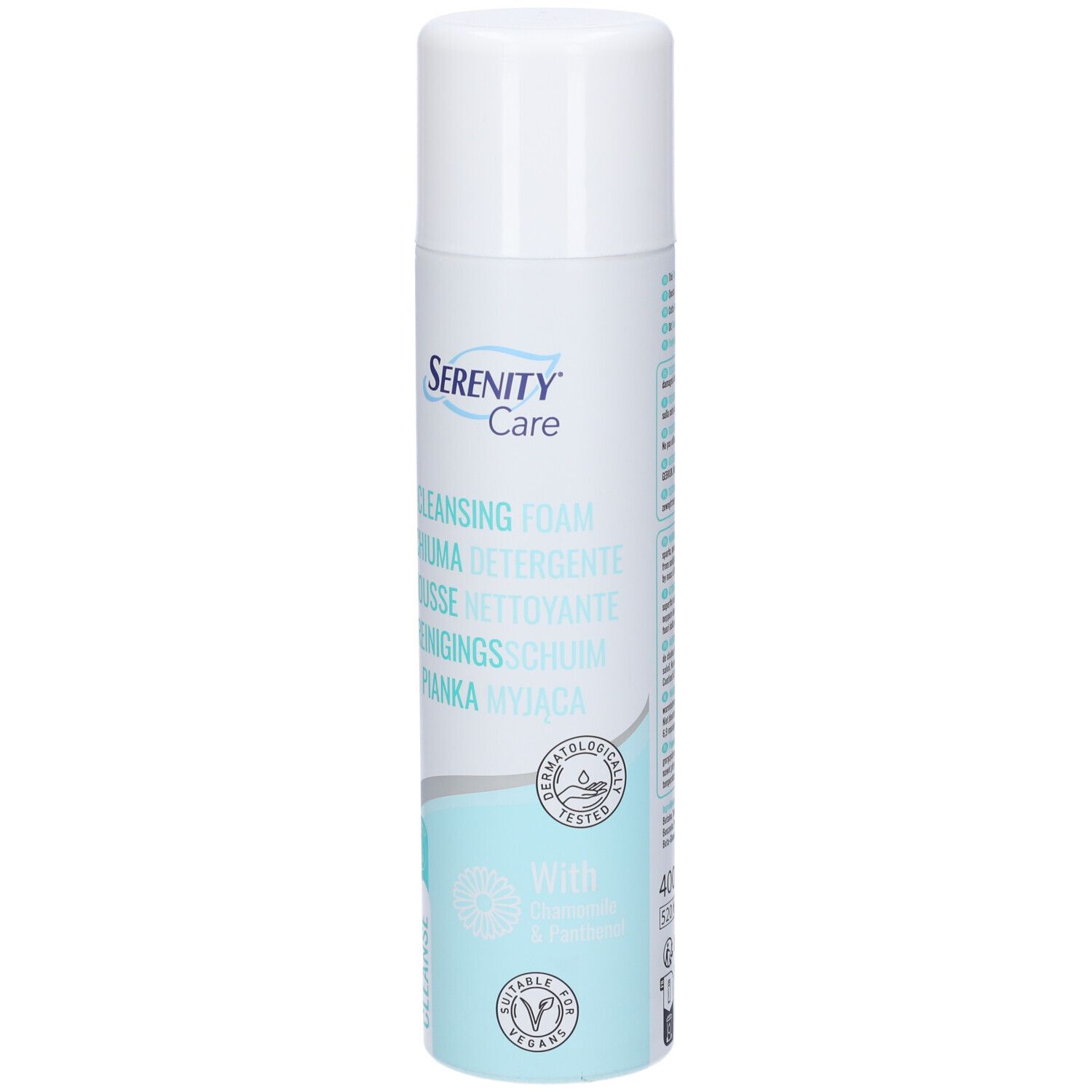 Serenity Care Cleansing Foam in weißer Dose mit türkisfarbenen Akzenten. Dermatologisch getestet.
