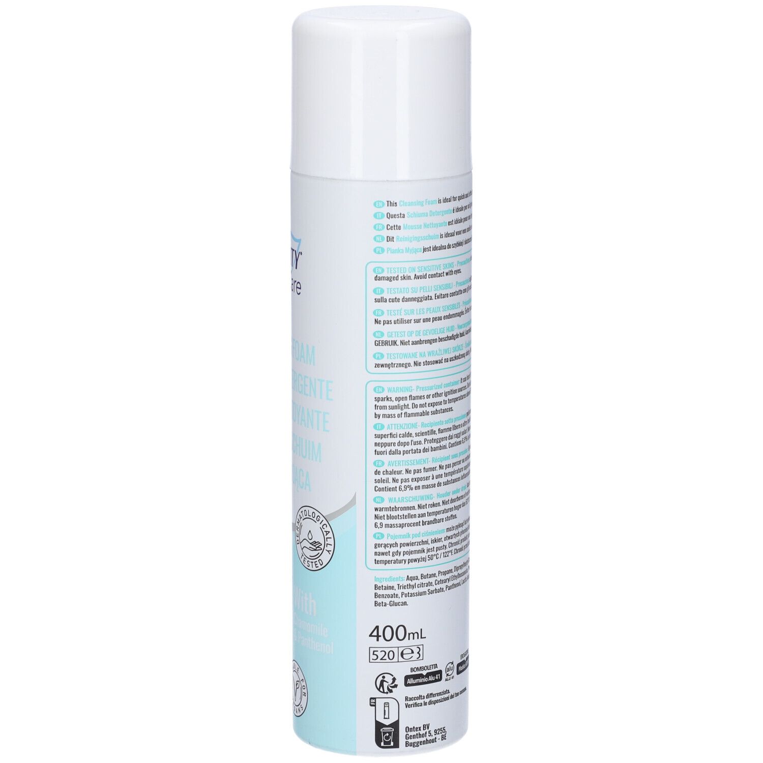 Weiße Aerosoldose mit blauen und weißen Etiketten, 400ml Inhalt.