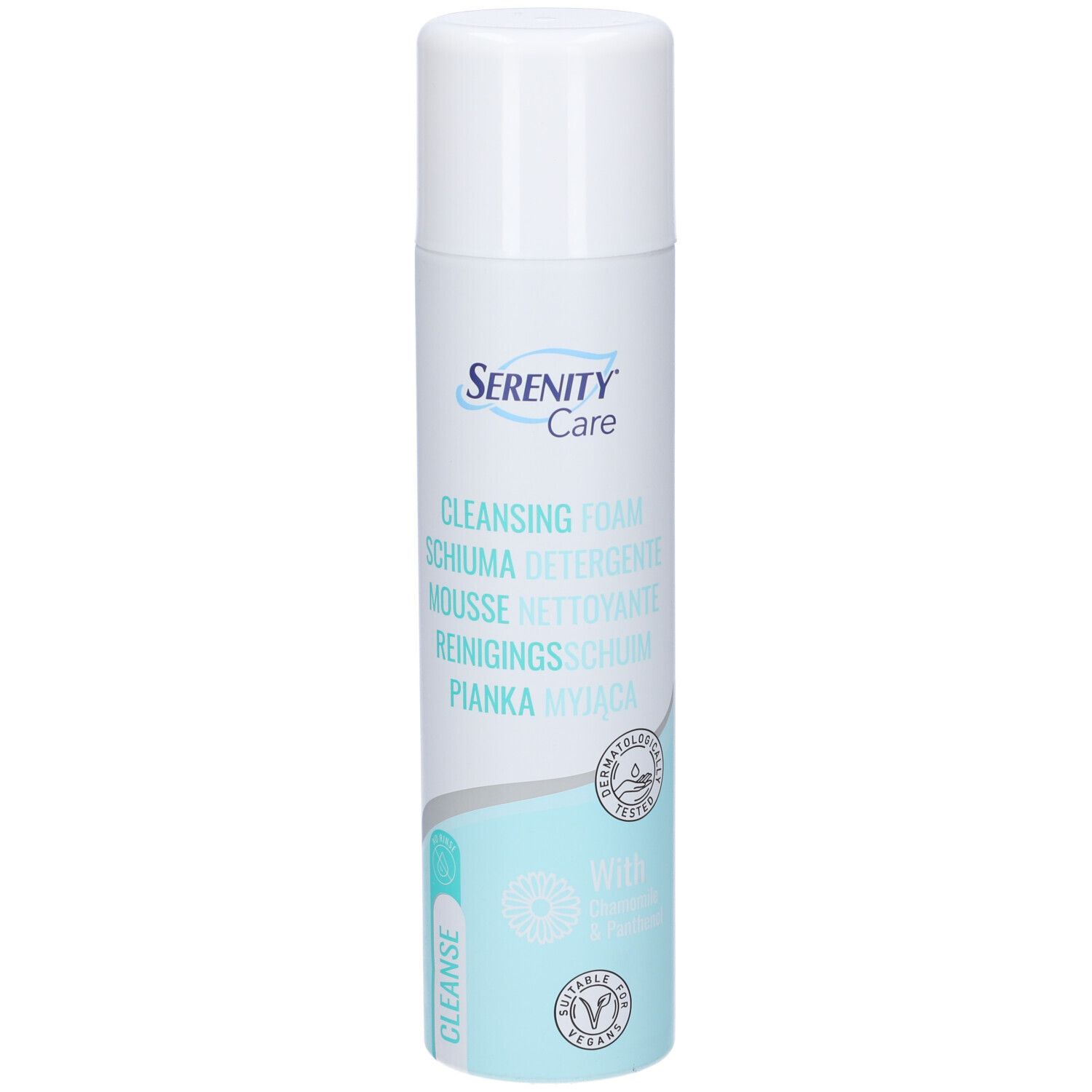 Serenity Care Reinigungs-Schaum in weißer Dose mit türkisfarbenen Akzenten. Dermatologisch getestet, vegan.