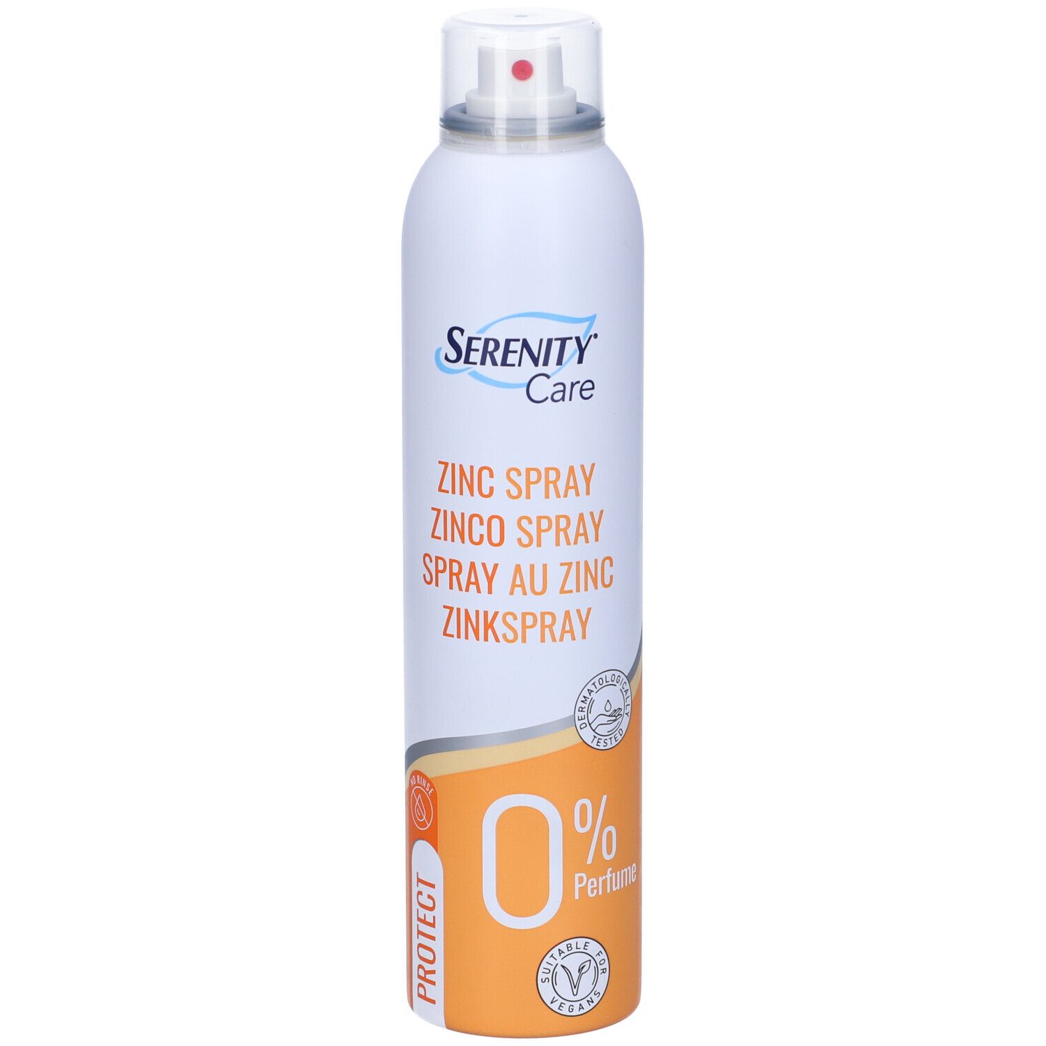 Flacone spray bianco con logo "Serenity Care". Contiene spray allo zinco. "0% Parfum" ed etichetta vegana.