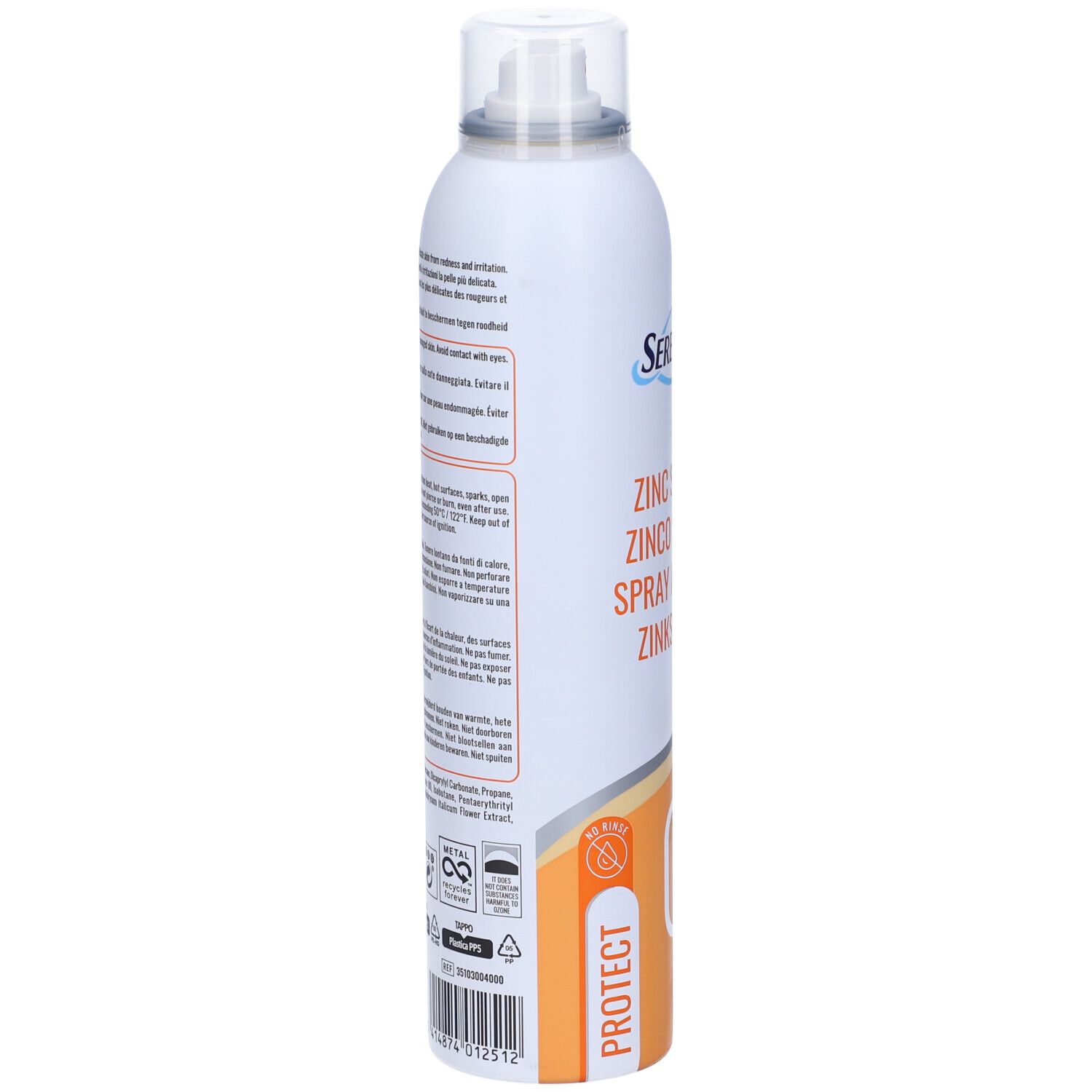 Flacone spray bianco con testo. Retro con testo e loghi. Contiene spray allo zinco. Etichetta vegana.