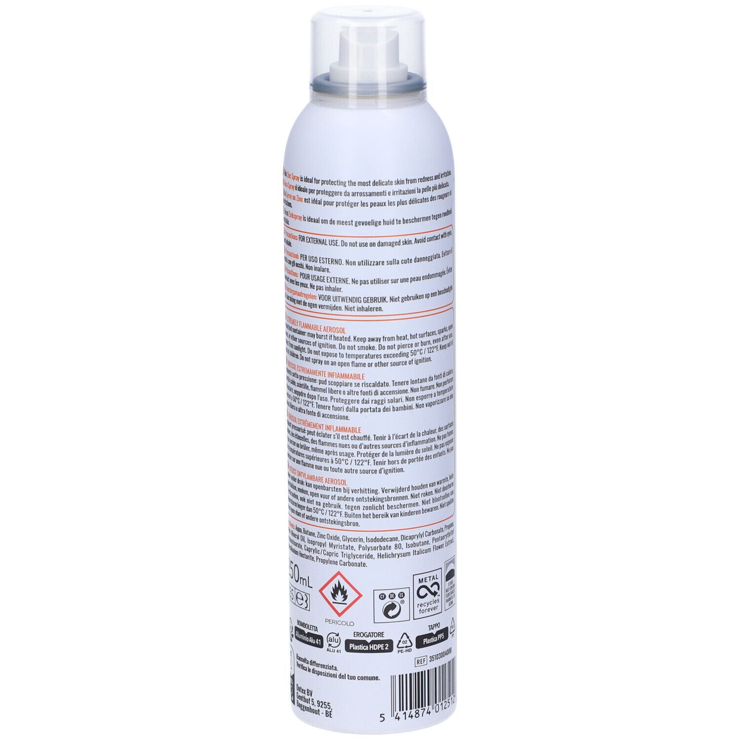 Retro del flacone spray bianco. Testo, loghi e avvertenze. Contiene spray allo zinco. Etichetta vegana.