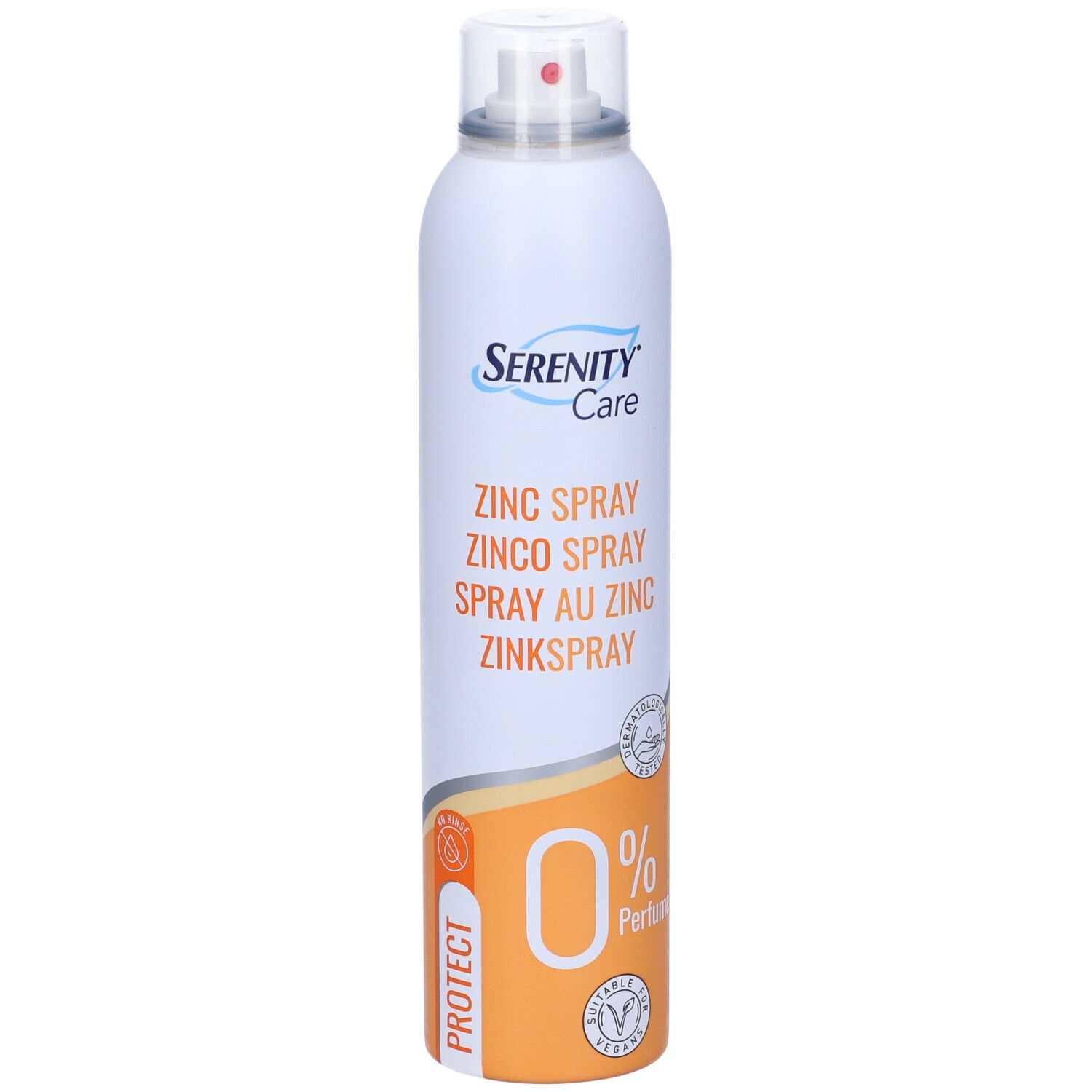Flacone spray bianco con logo "Serenity Care". Contiene spray allo zinco. "0% Parfum" ed etichetta vegana.