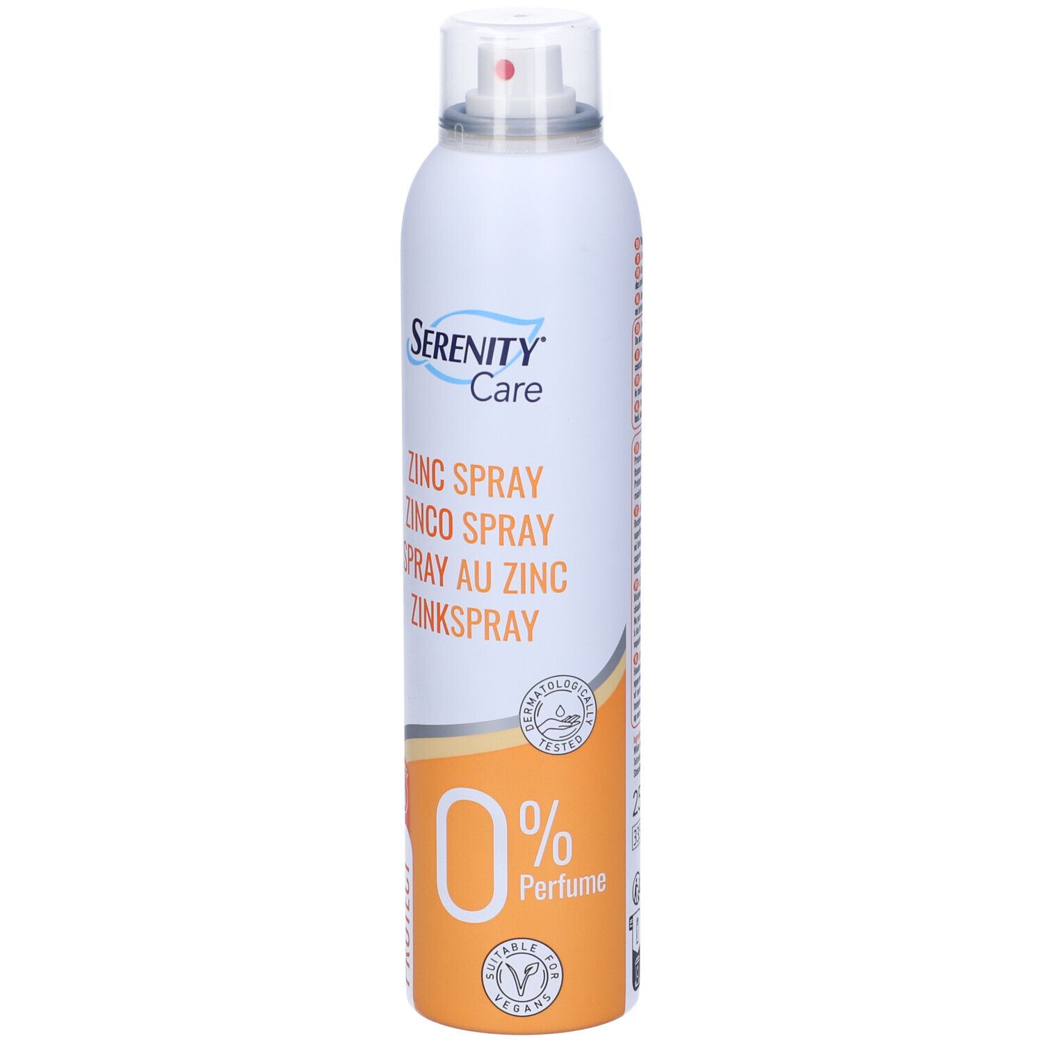 Flacone spray bianco con logo "Serenity Care". Contiene spray allo zinco. "0% Parfum" ed etichetta vegana.