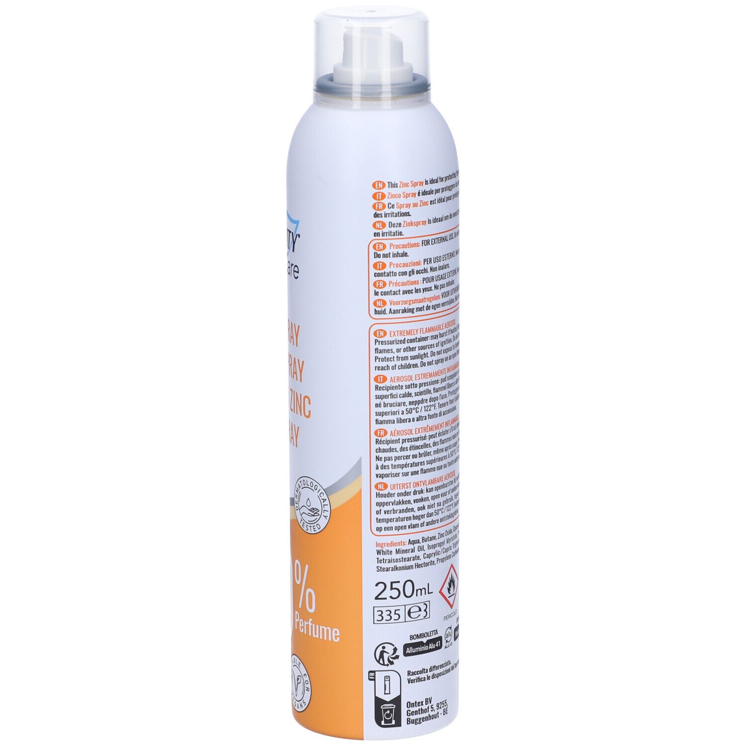 Retro del flacone spray bianco. Testo, loghi, avvertenze. Contiene spray allo zinco. 250ml. Etichetta vegana.