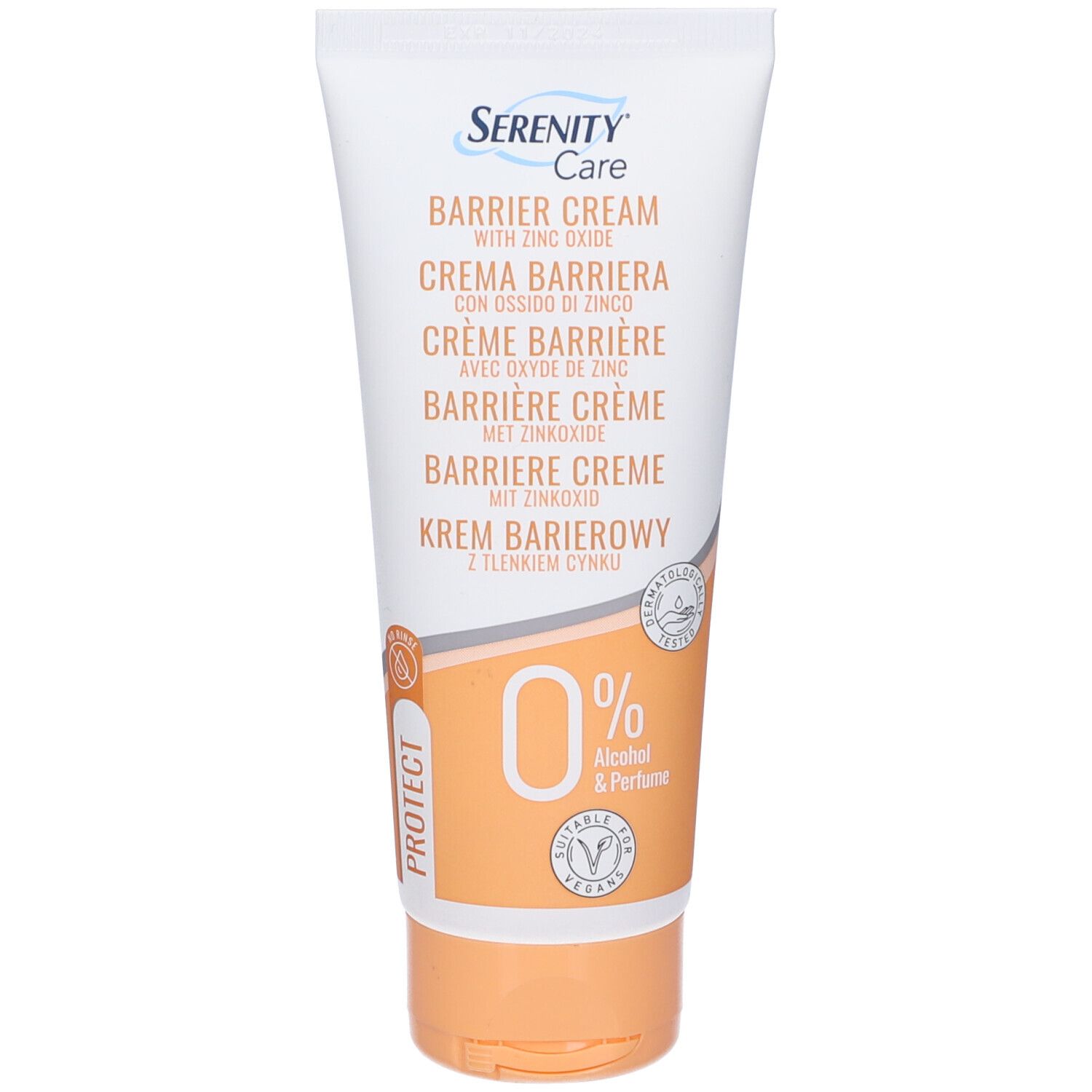 Tubo di crema "Serenity Care". Scritte: "Barrier Cream", "0% Alcohol & Parfum". Confezione bianca e arancione.