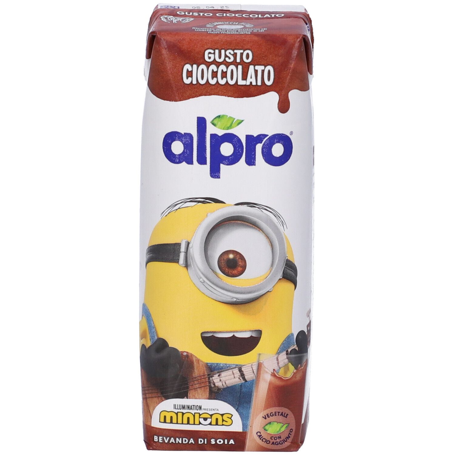 Confezione di bevanda al cioccolato Alpro. Logo Alpro, personaggio dei Minions. Scritta: Gusto Cioccolato, Bevanda di Soia.