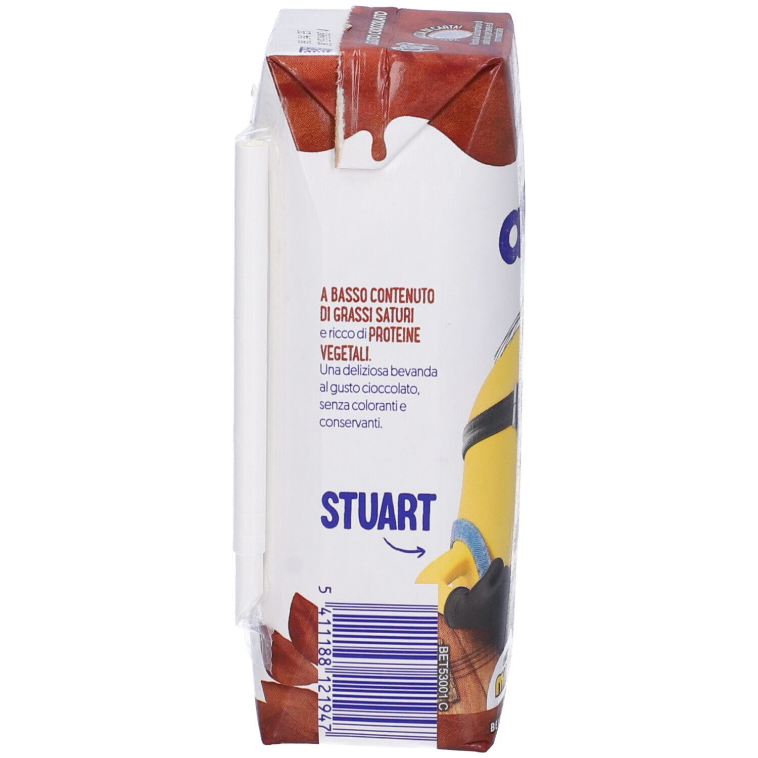 Lato della confezione. Testo: A basso contenuto di grassi saturi, ricco di proteine vegetali. Personaggio Stuart, codice a barre.