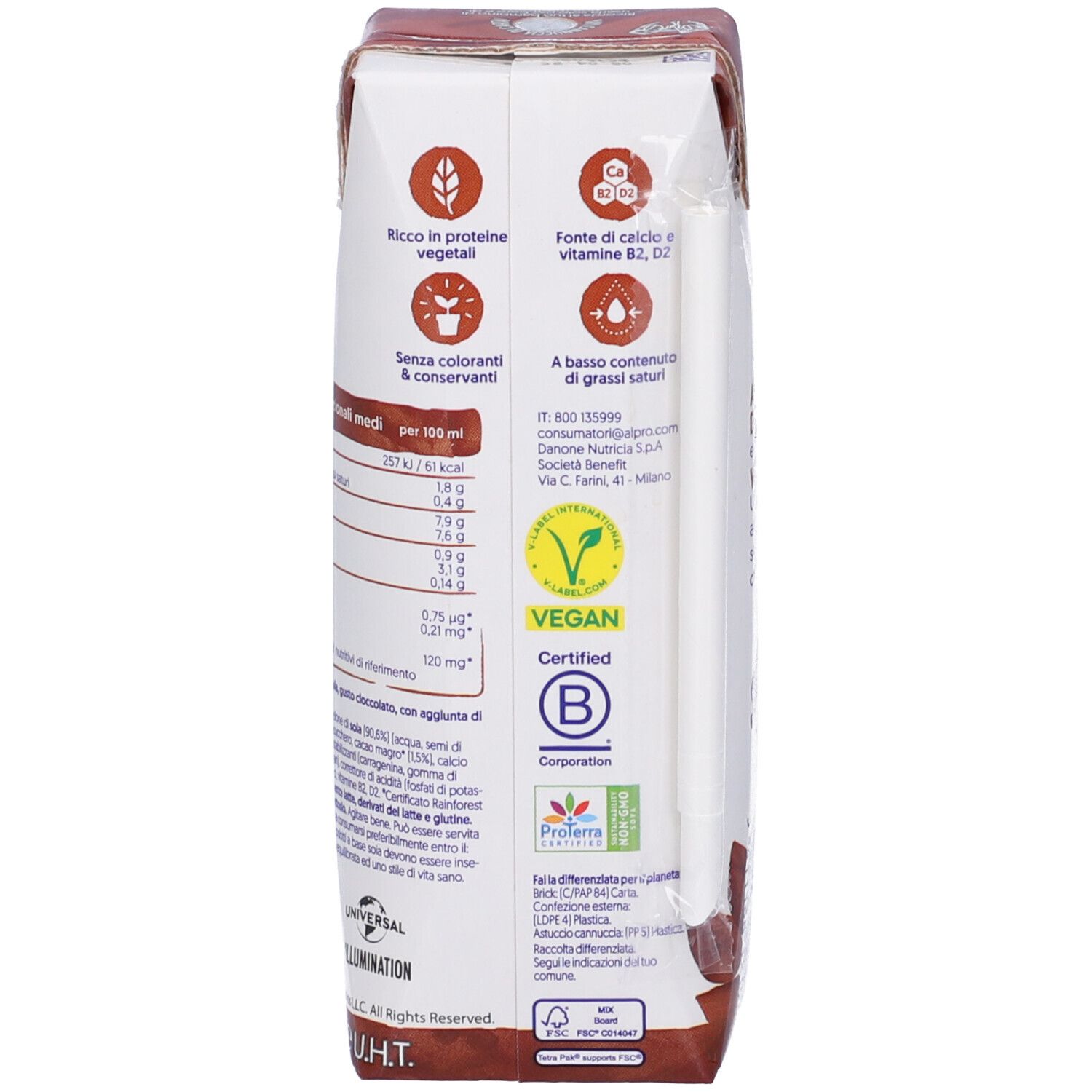 Retro della confezione. Loghi: Vegan, B Corp. Testo: Ricco in proteine vegetali, fonte di calcio e vitamine.