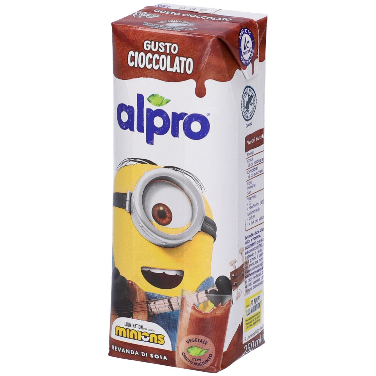 Confezione di bevanda al cioccolato Alpro. Logo Alpro, personaggio dei Minions. Scritta: Gusto Cioccolato, Bevanda di Soia. Volume: 250ml.
