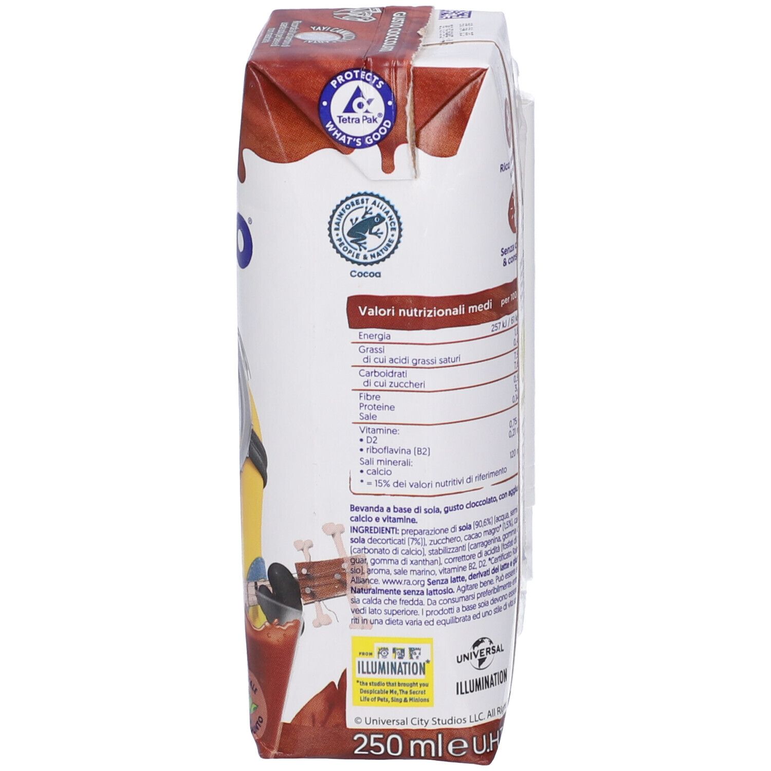Retro della confezione. Loghi: Tetra Pak, Cocoa. Testo: Valori nutrizionali medi. Volume: 250 ml.