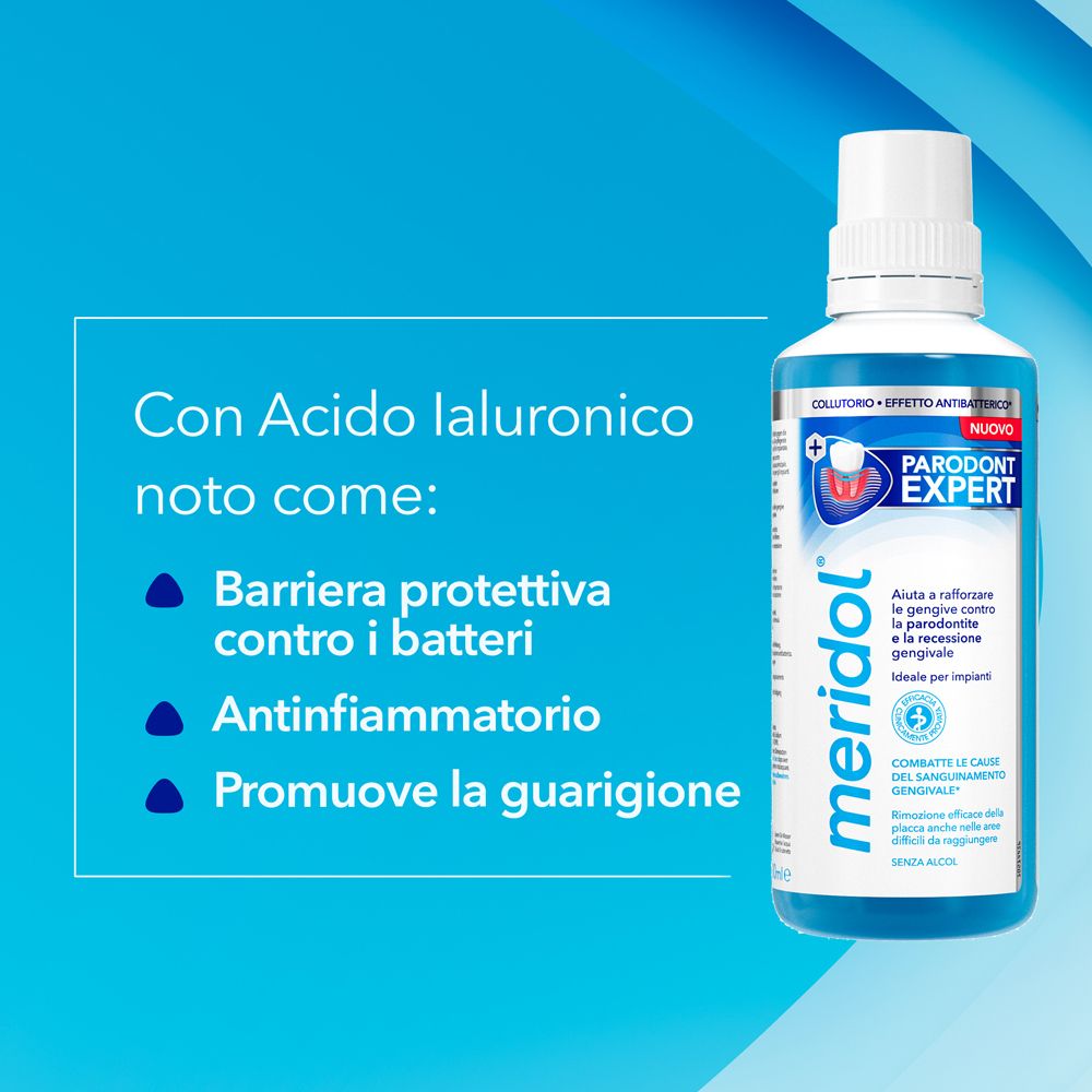 Testo con informazioni sull'acido ialuronico. Meridol Parodont Expert.
