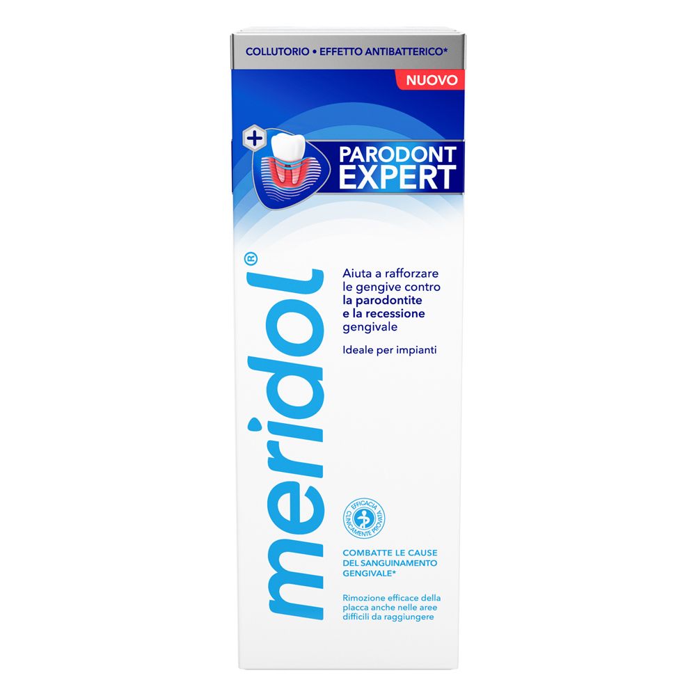 Prodotto bianco con scritta blu. Scritta: Meridol Parodont Expert.