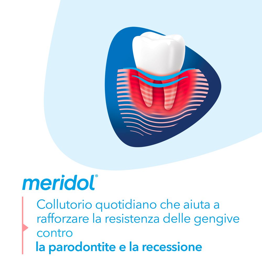 Modello dentale con gengive infiammate. Logo Meridol.