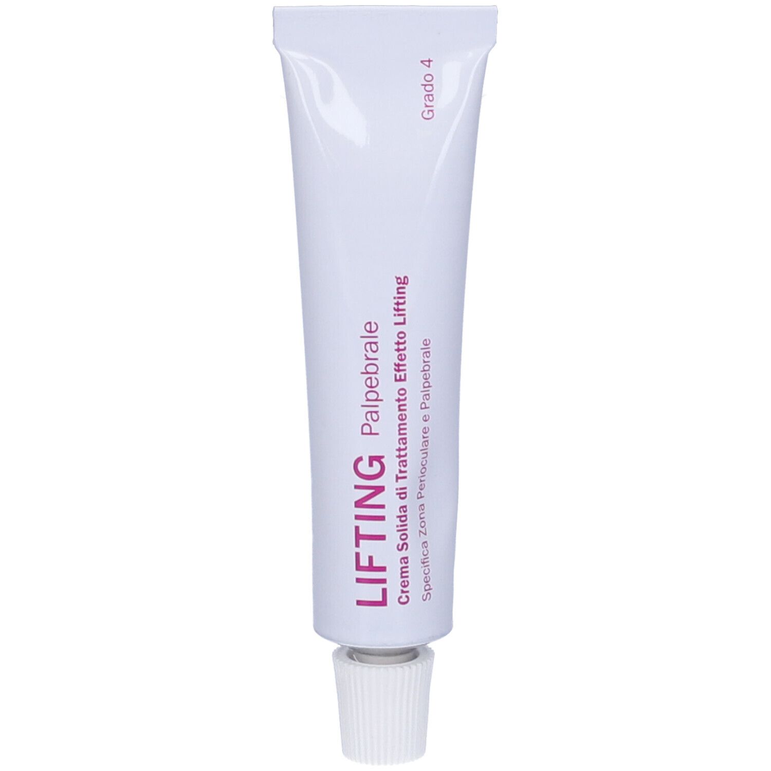 Tubo crema bianco con scritta rosa. Testo: LIFTING Palpebrale, Grado 4. Zona specifica Perioculare e Palpebrale.