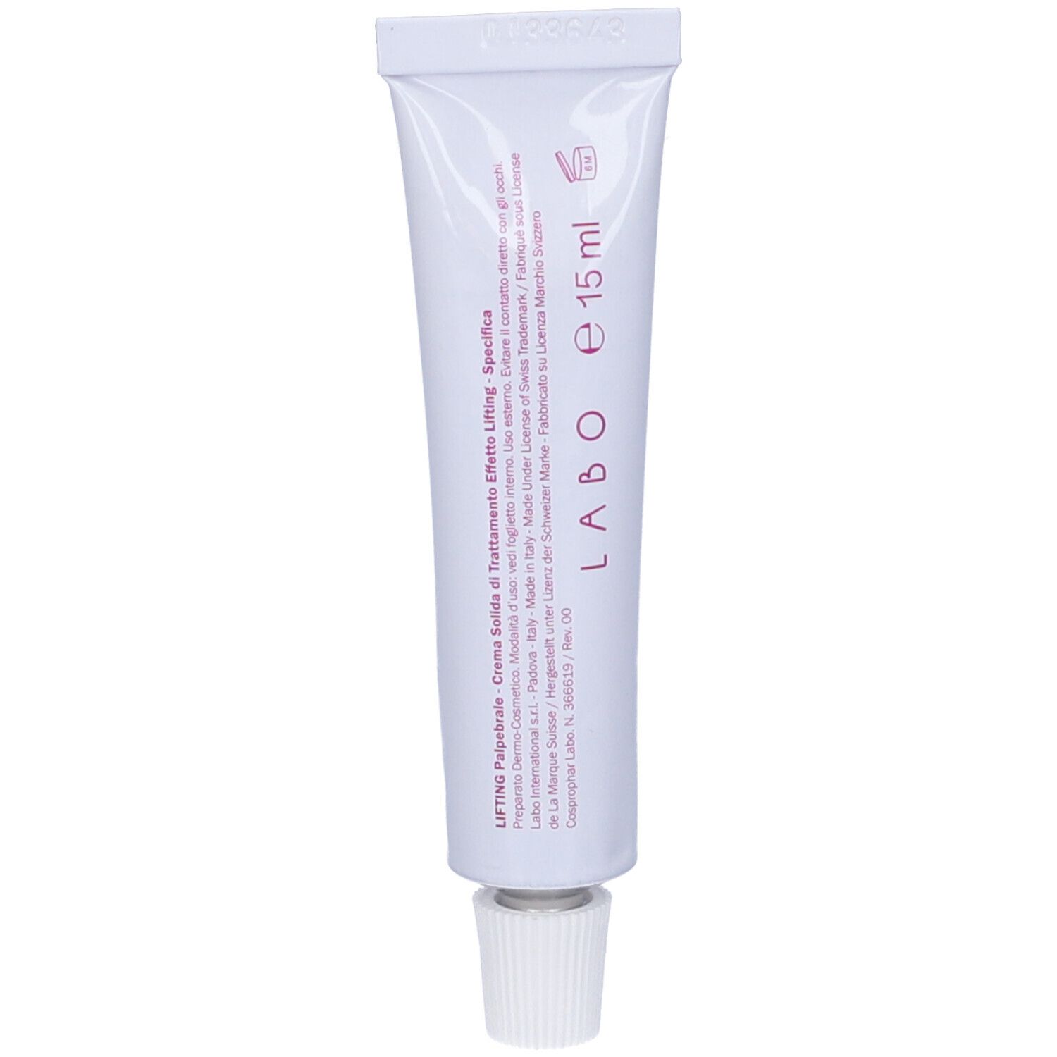 Tubo bianco con scritta rosa. Testo: LABO, LIFTING Palpebrale, e 15 ml. Scritta: Crema Solida di Trattamento Effetto Lifting.