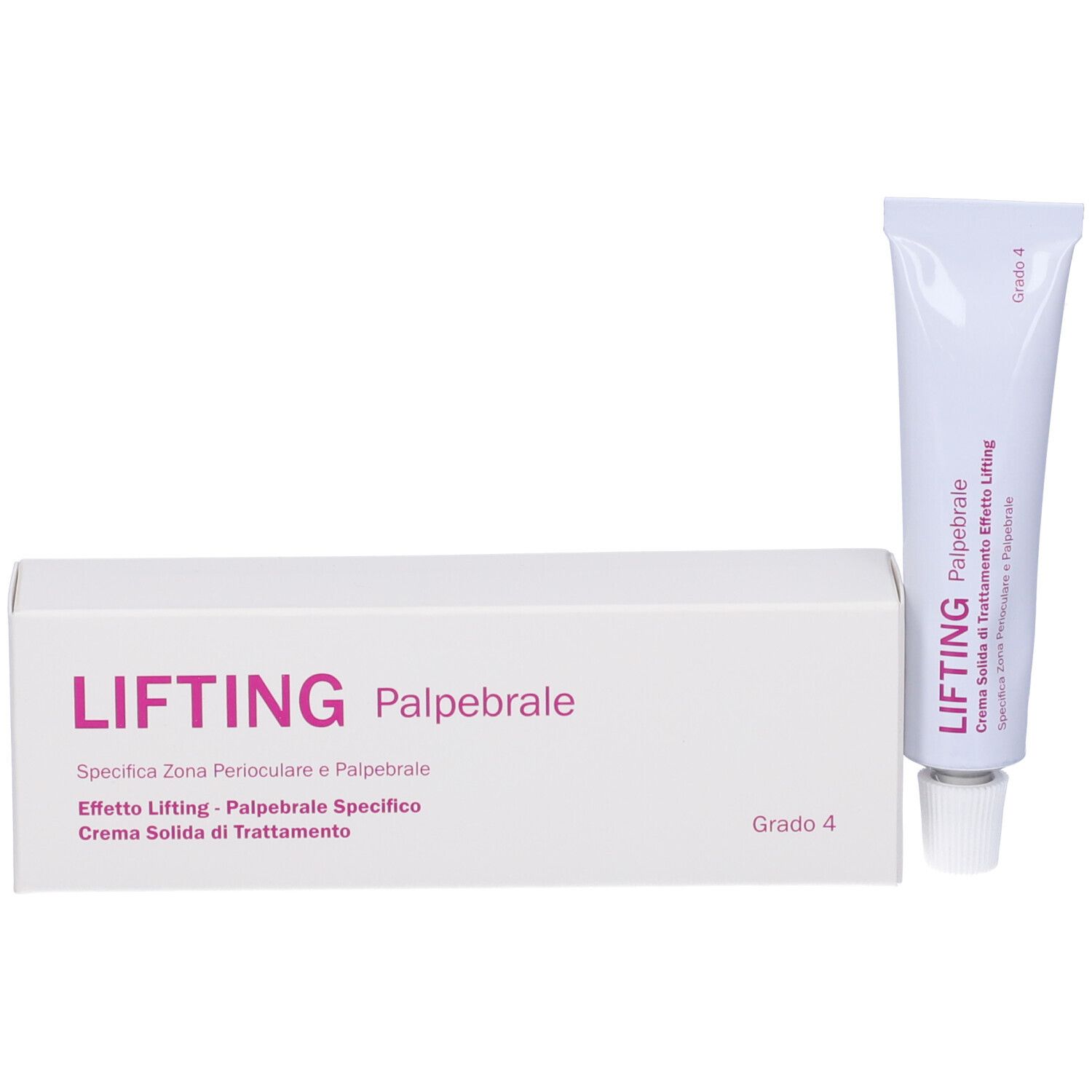 Scatola bianca e tubo. Scatola con testo rosa: LIFTING Palpebrale, Grado 4. Tubo: LIFTING Palpebrale. Prodotto: Crema.