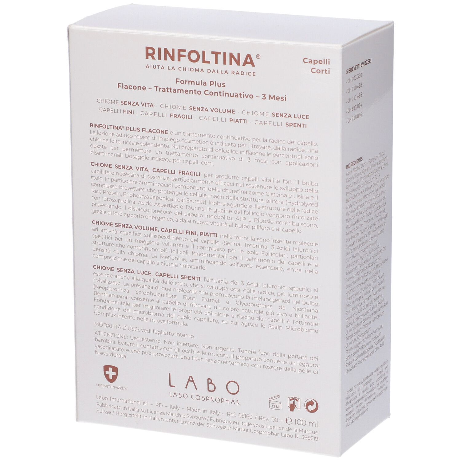 Confezione bianca Rinfoltina. Testo: Flacone - Trattamento Continuativo - 3 mesi. Retro.