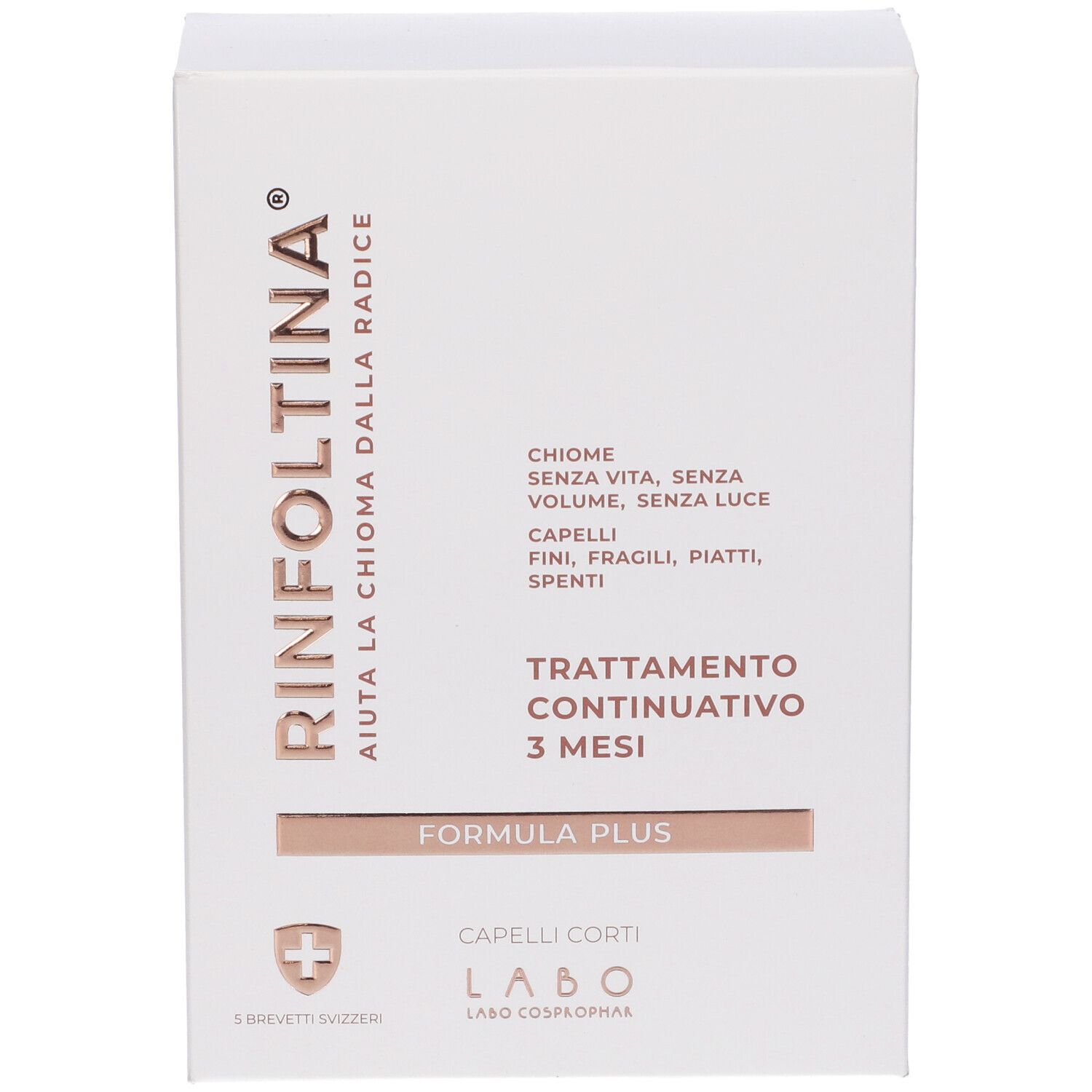 Confezione bianca Rinfoltina. Testo: Trattamento Continuativo 3 mesi, Formula Plus. Per capelli corti.