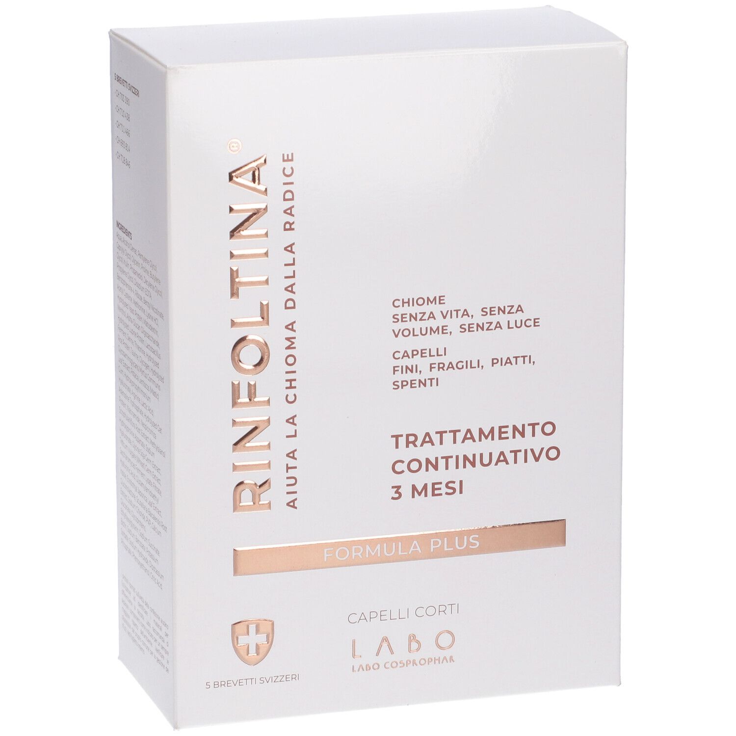 Confezione bianca Rinfoltina. Testo: Trattamento Continuativo 3 mesi, Formula Plus. Per capelli corti.