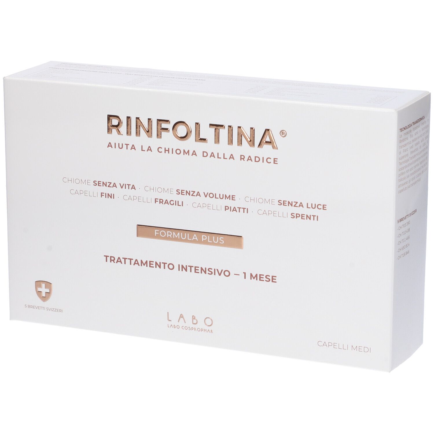 Confezione bianca con scritte dorate. Rinfoltina, Formula Plus, Trattamento Intensivo - 1 Mese. Per capelli medi.