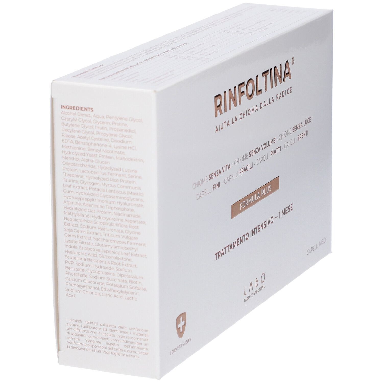 Confezione bianca con elenco ingredienti. Rinfoltina, Formula Plus. Contiene alcool, pantenolo, prolina.