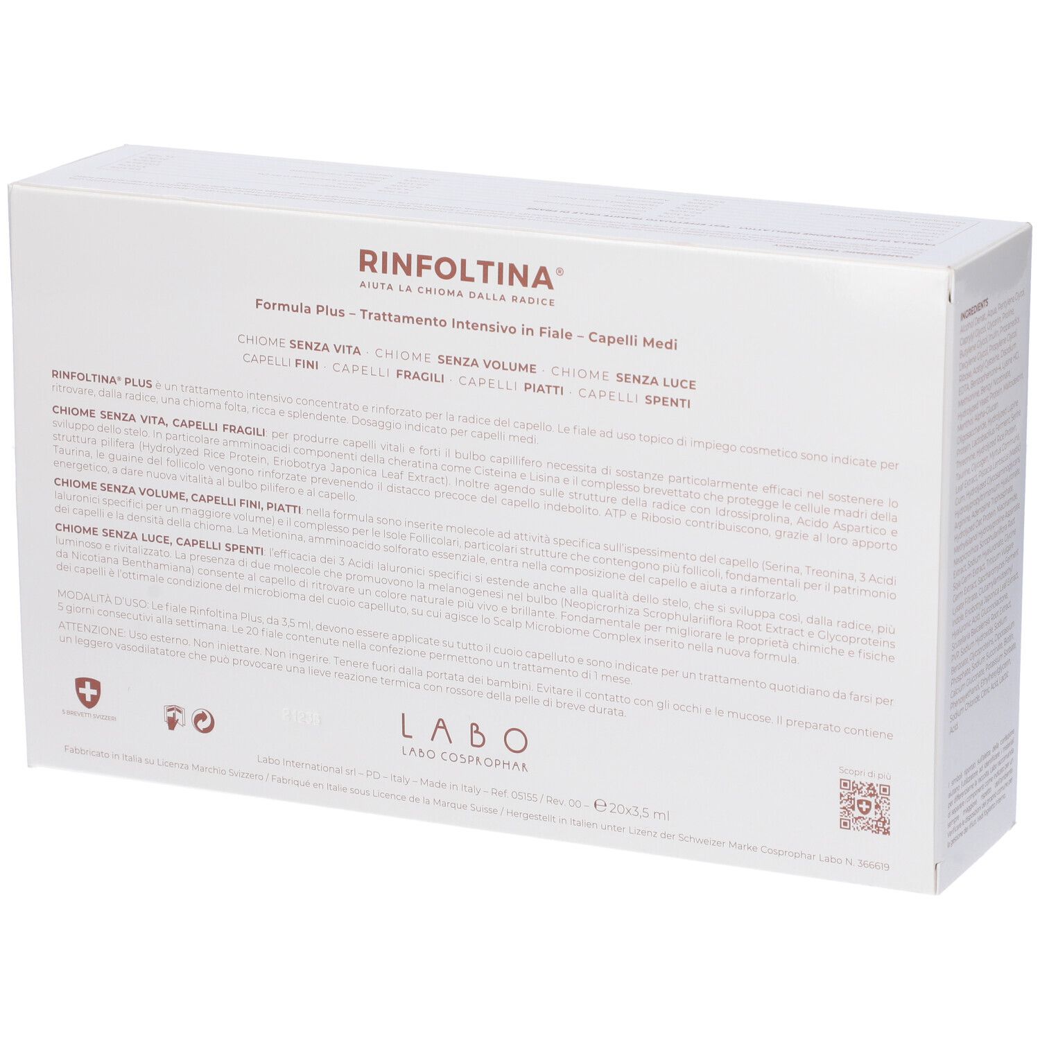 Retro della confezione bianca. Testo: Rinfoltina, Formula Plus, Trattamento Intensivo in Fiale - Capelli Medi. Loghi.