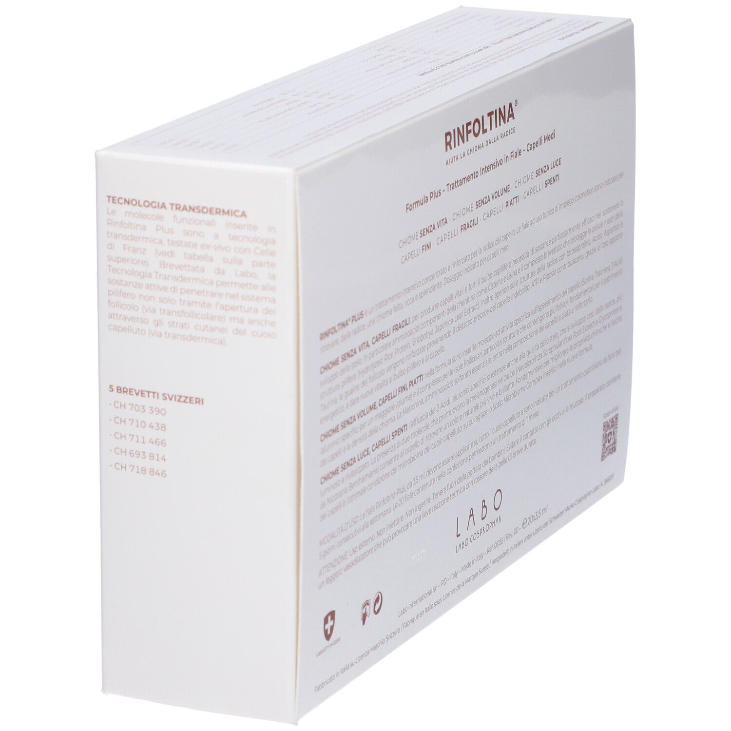 Confezione bianca con testo e loghi. Rinfoltina, Formula Plus, Trattamento Intensivo in Fiale - Capelli Medi. Brevetti svizzeri.