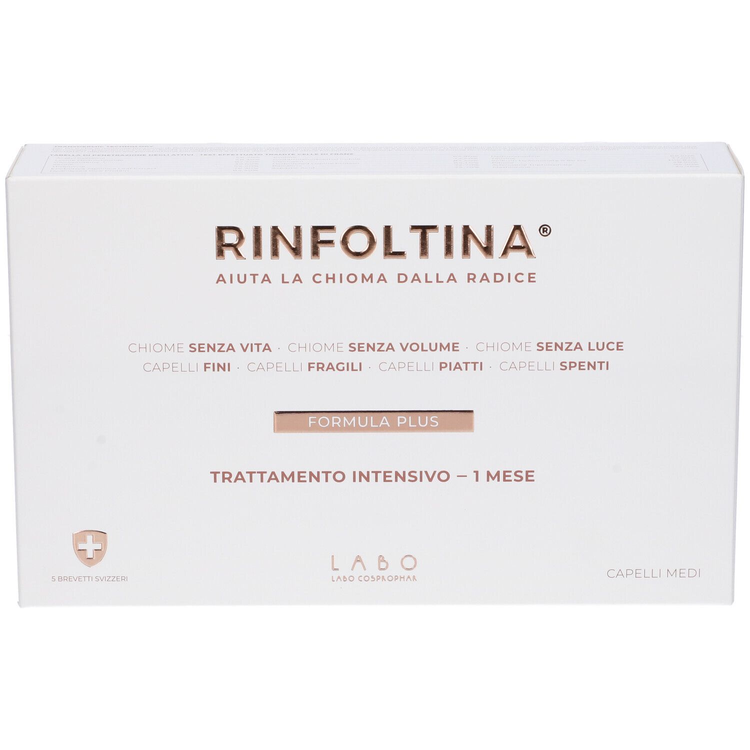 Confezione bianca con scritte dorate. Rinfoltina, Formula Plus, Trattamento Intensivo - 1 Mese. Per capelli medi.