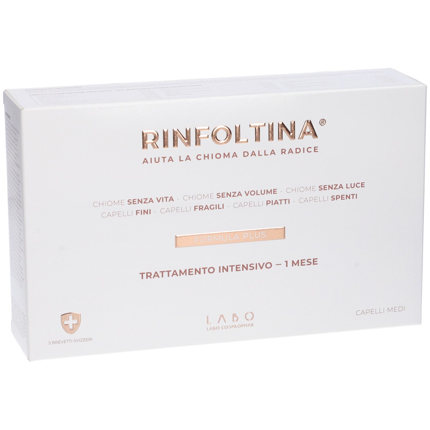 Confezione bianca con scritte dorate. Rinfoltina, Formula Plus, Trattamento Intensivo - 1 Mese. Per capelli medi.